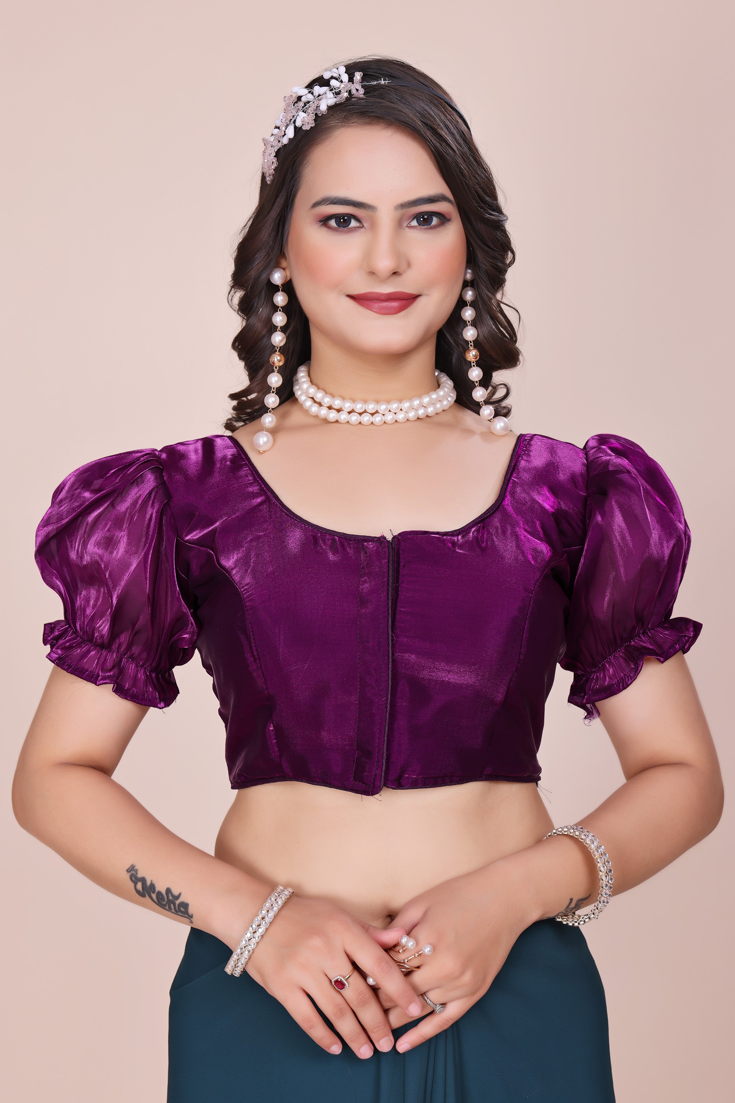 MK Women's Designer Jimmy Choo Blouse | Round Neck Readymade Short Length Crop Top with Tie-up Dori | Regular Fit Choly for Party and Wedding