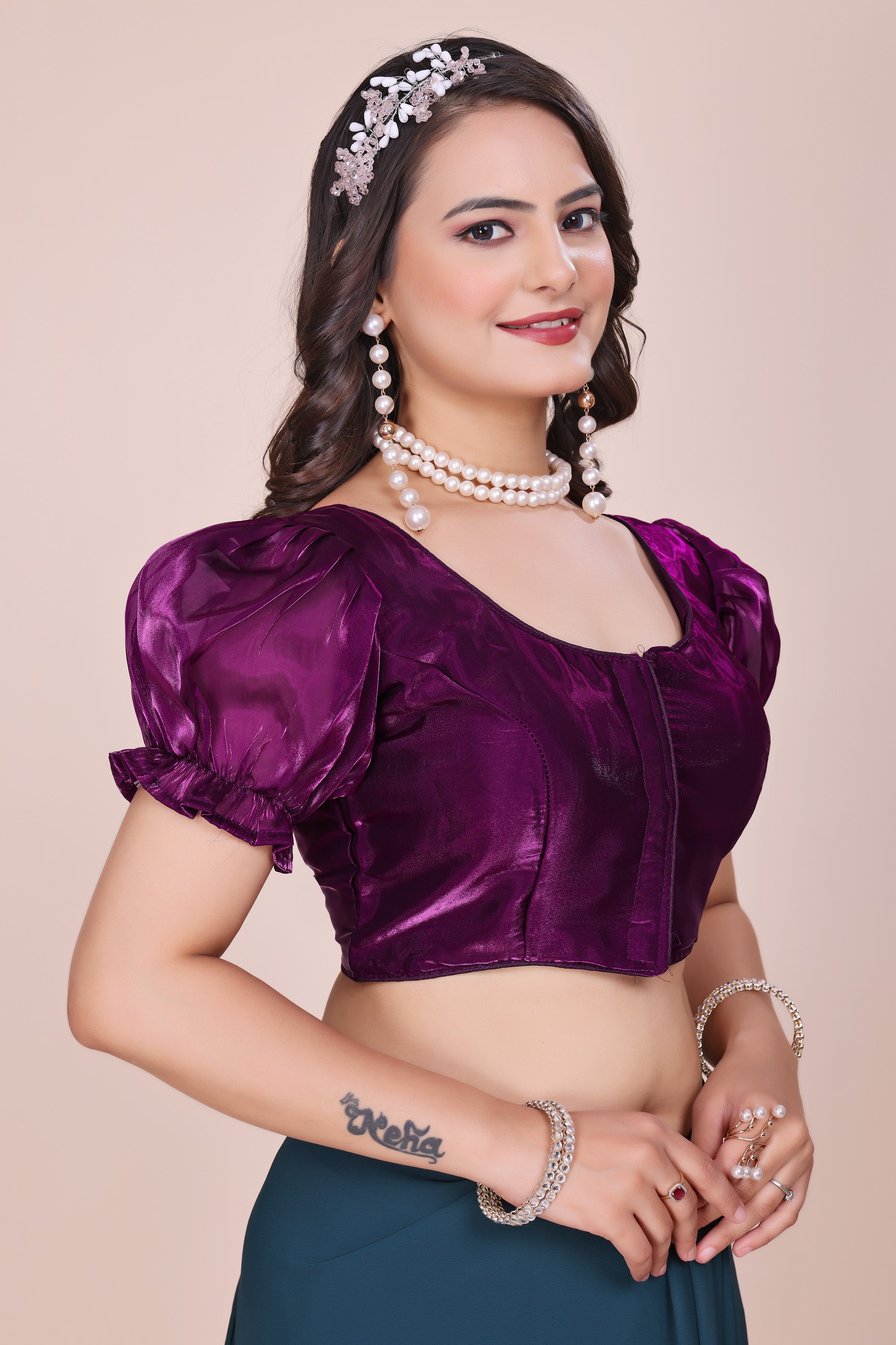 MK Women's Designer Jimmy Choo Blouse | Round Neck Readymade Short Length Crop Top with Tie-up Dori | Regular Fit Choly for Party and Wedding