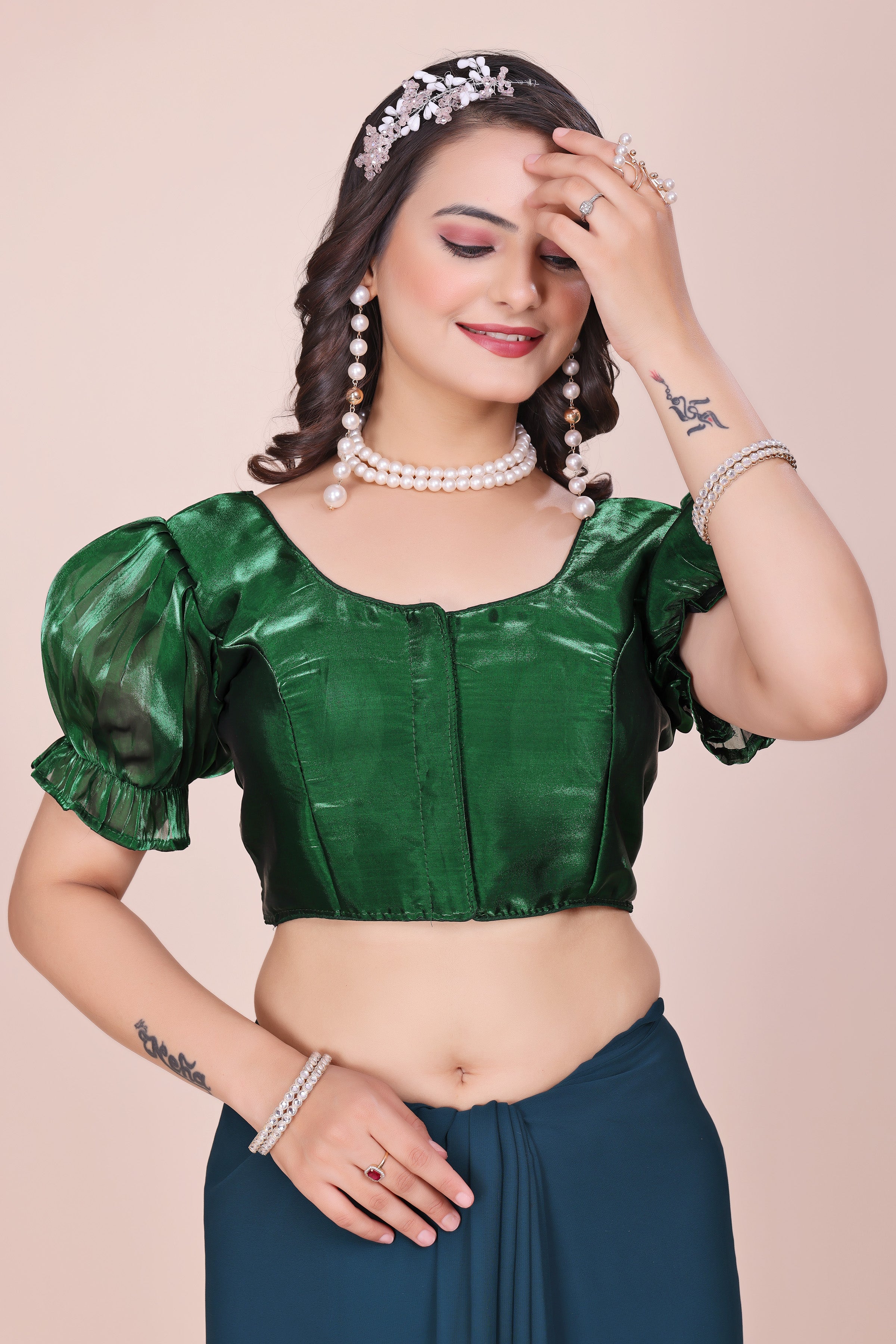 MK Women's Designer Jimmy Choo Blouse | Round Neck Readymade Short Length Crop Top with Tie-up Dori | Regular Fit Choly for Party and Wedding