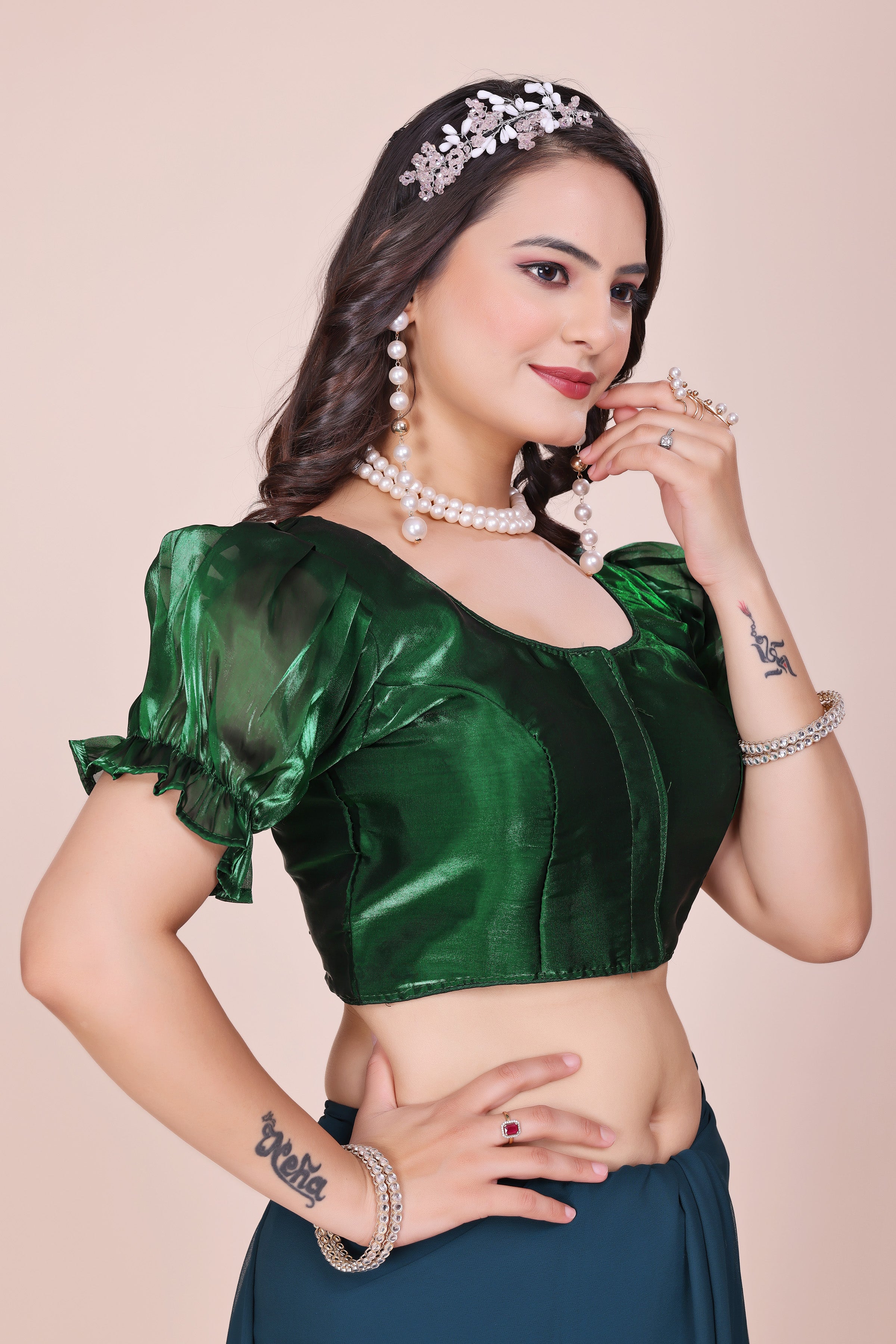 MK Women's Designer Jimmy Choo Blouse | Round Neck Readymade Short Length Crop Top with Tie-up Dori | Regular Fit Choly for Party and Wedding