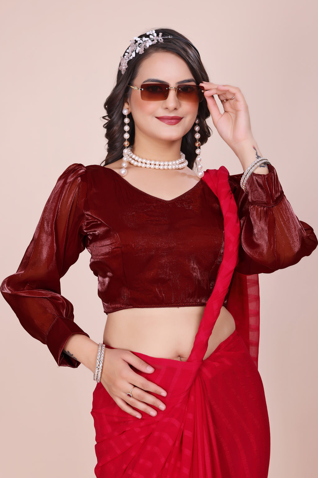 MK Women's Designer Jimmy Choo Blouse | One Shoulder Neck Readymade Short Length Crop Top with Tie-up Dori | Regular Fit Choly for Party and Wedding for Womens & Ladies Pack of 1.