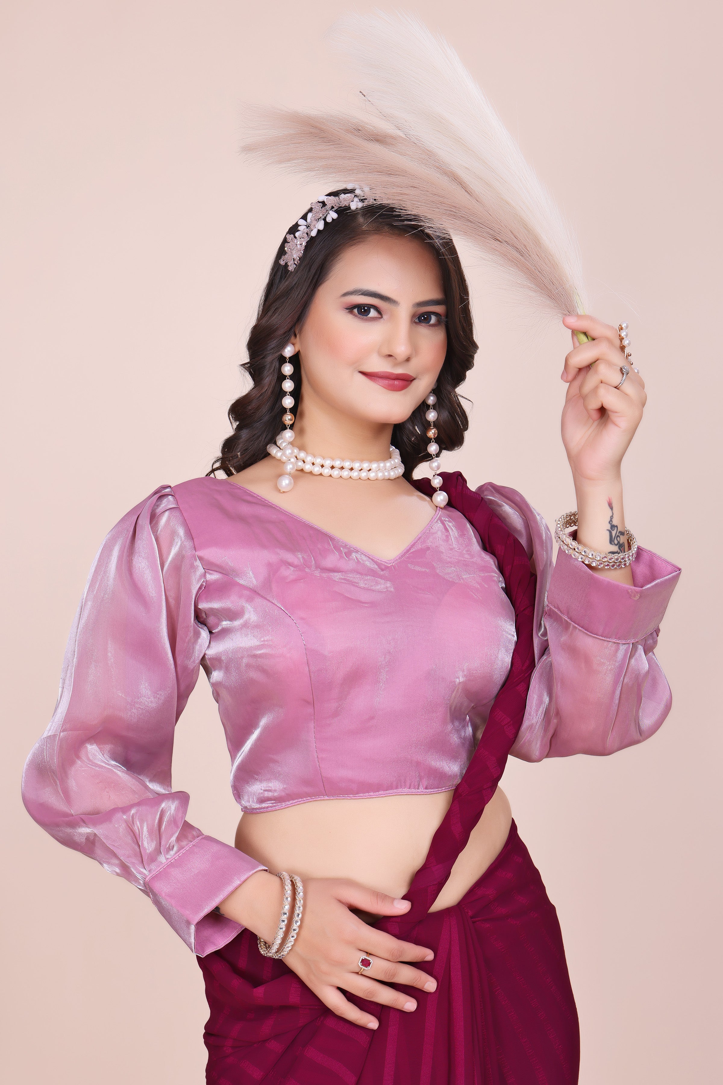 MK Women's Designer Jimmy Choo Blouse | One Shoulder Neck Readymade Short Length Crop Top with Tie-up Dori | Regular Fit Choly for Party and Wedding for Womens & Ladies Pack of 1.