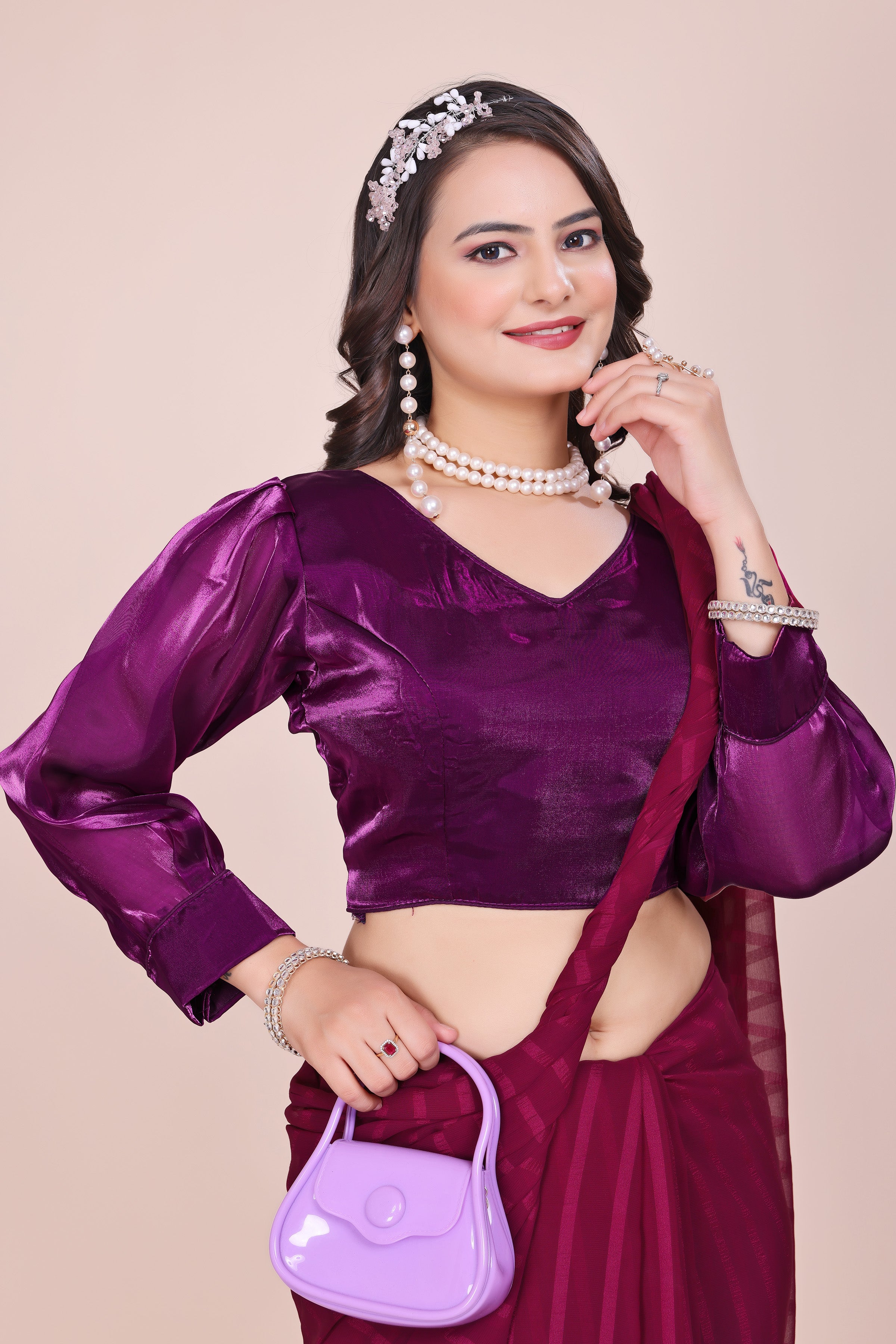 MK Women's Designer Jimmy Choo Blouse | One Shoulder Neck Readymade Short Length Crop Top with Tie-up Dori | Regular Fit Choly for Party and Wedding for Womens & Ladies Pack of 1.