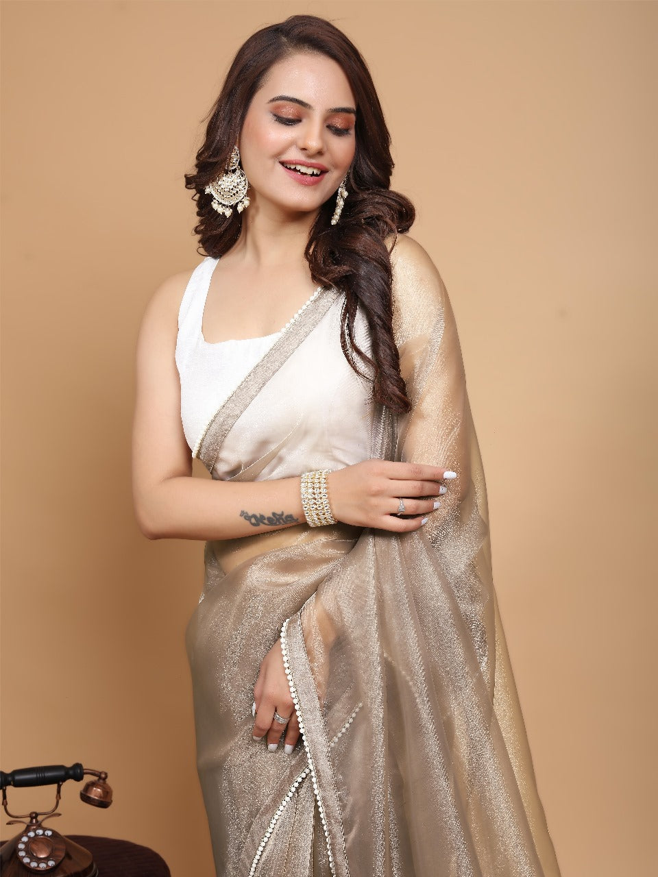 MK WOMEN'S Latest Ethnic wear Organza Saree With Pearls Border Saree With Blouse Piece Pack Of 1.