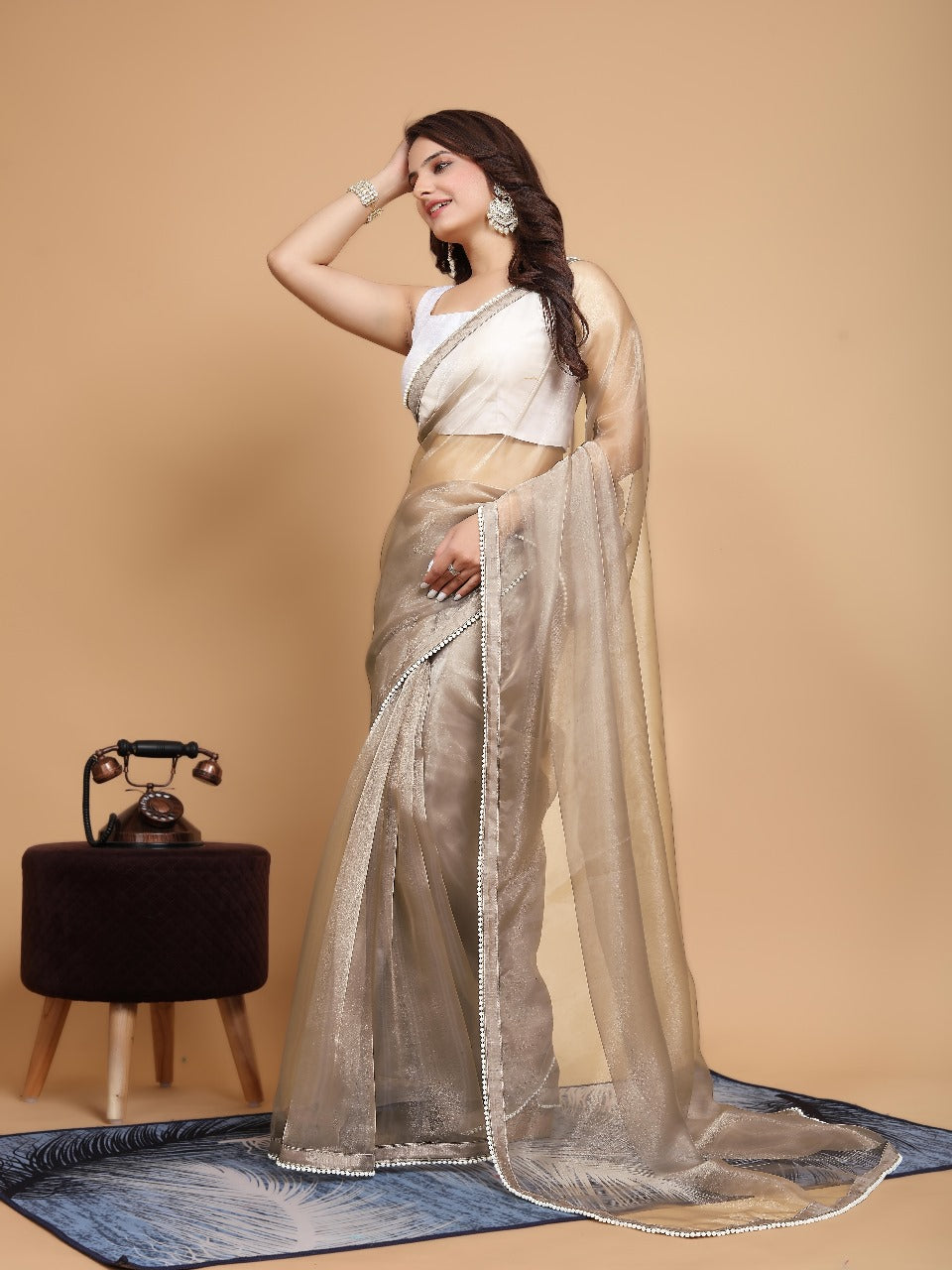 MK WOMEN'S Latest Ethnic wear Organza Saree With Pearls Border Saree With Blouse Piece Pack Of 1.