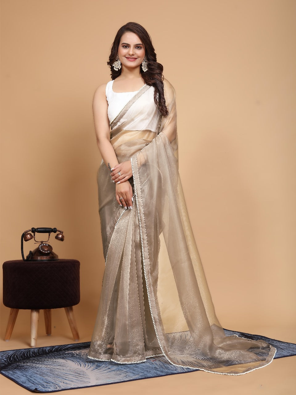 MK WOMEN'S Latest Ethnic wear Organza Saree With Pearls Border Saree With Blouse Piece Pack Of 1.