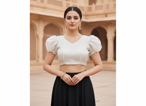 MK Women's Designer Jimmy Choo Blouse | Round Neck Readymade Short Length Crop Top with Tie-up Dori | Regular Fit Choly for Party and Wedding