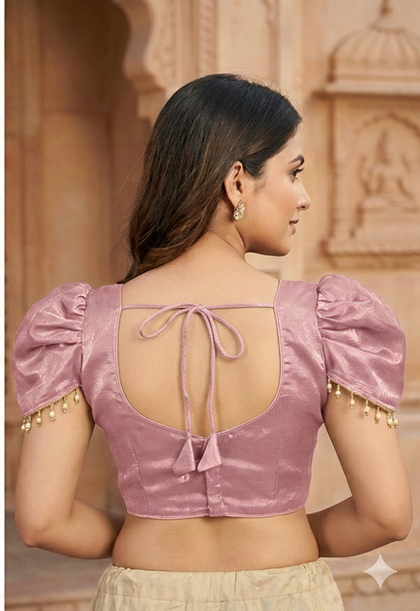 MK Women's Designer Jimmy Choo Blouse | Round Neck Readymade Short Length Crop Top with Tie-up Dori | Regular Fit Choly for Party and Wedding