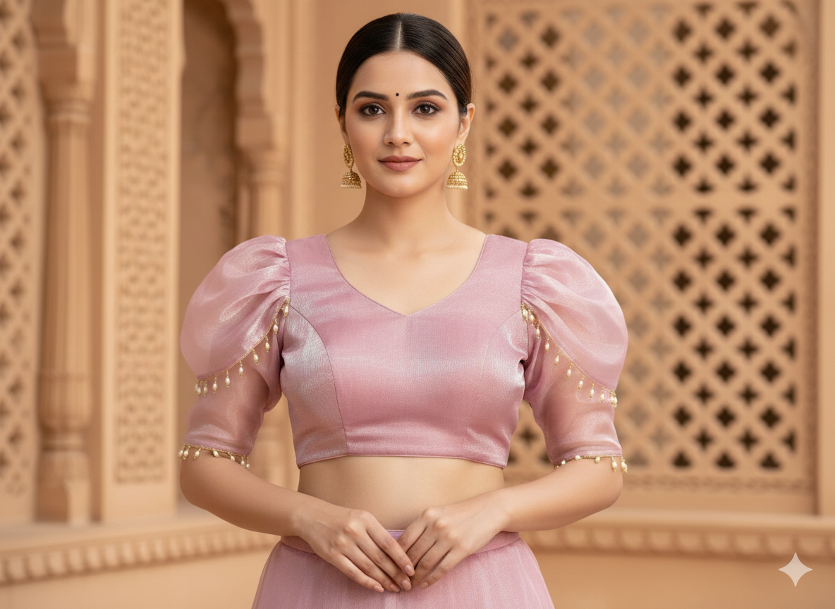 MK Women's Designer Jimmy Choo Blouse | Round Neck Readymade Short Length Crop Top with Tie-up Dori | Regular Fit Choly for Party and Wedding