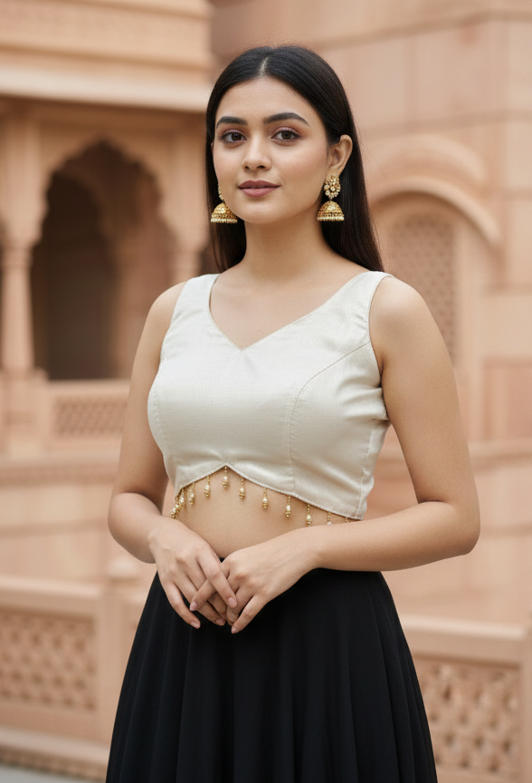 MK Women's Designer Jimmy Choo Blouse |Sweet Heart Neck Readymade Short Length Crop Top with Tie-up Dori | Regular Fit Choly for Party and Wedding