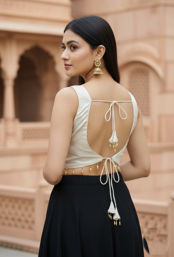 MK Women's Designer Jimmy Choo Blouse |Sweet Heart Neck Readymade Short Length Crop Top with Tie-up Dori | Regular Fit Choly for Party and Wedding