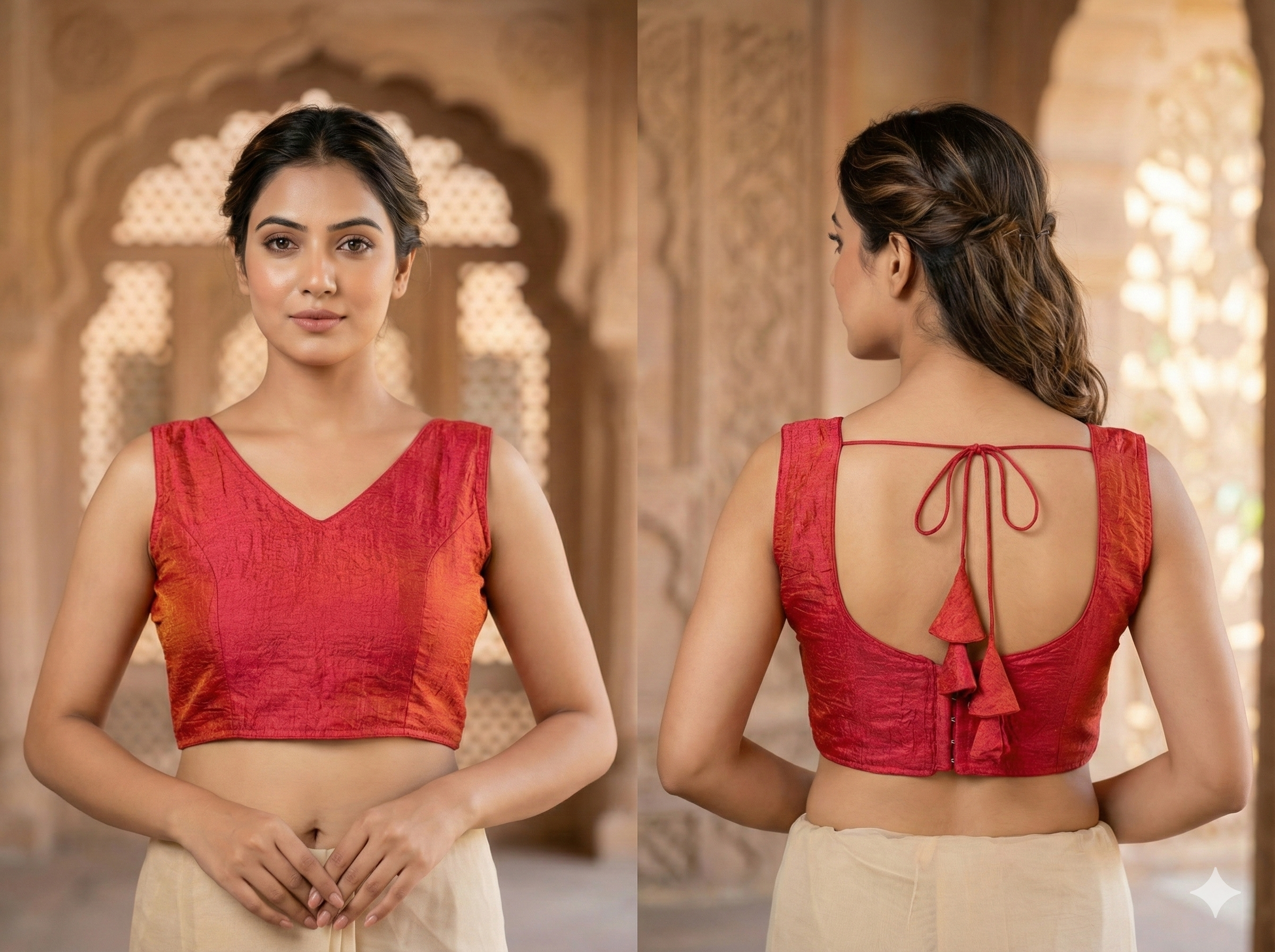 MK Women's Designer  Blouse | V- Neck Readymade Short Length Crop Top | Regular Fit Choly for Party and Wedding