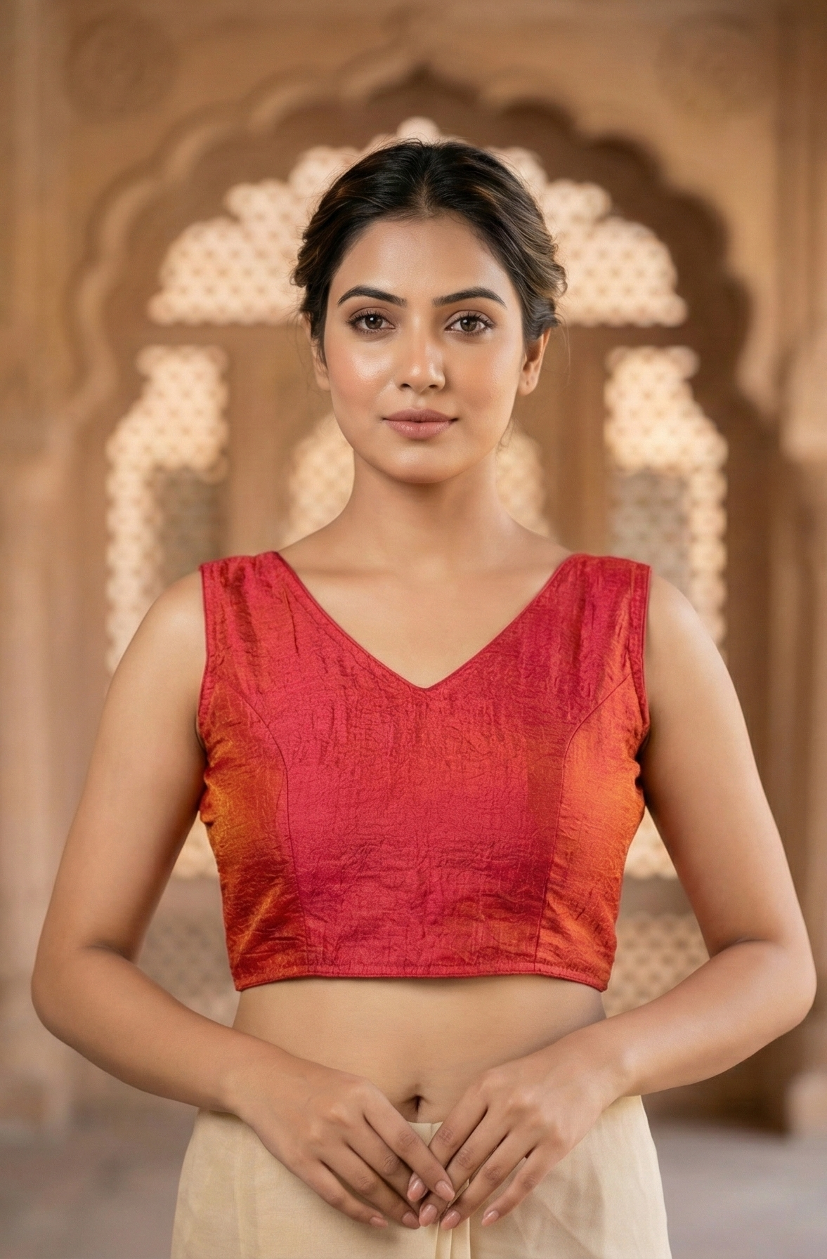 MK Women's Designer  Blouse | V- Neck Readymade Short Length Crop Top | Regular Fit Choly for Party and Wedding