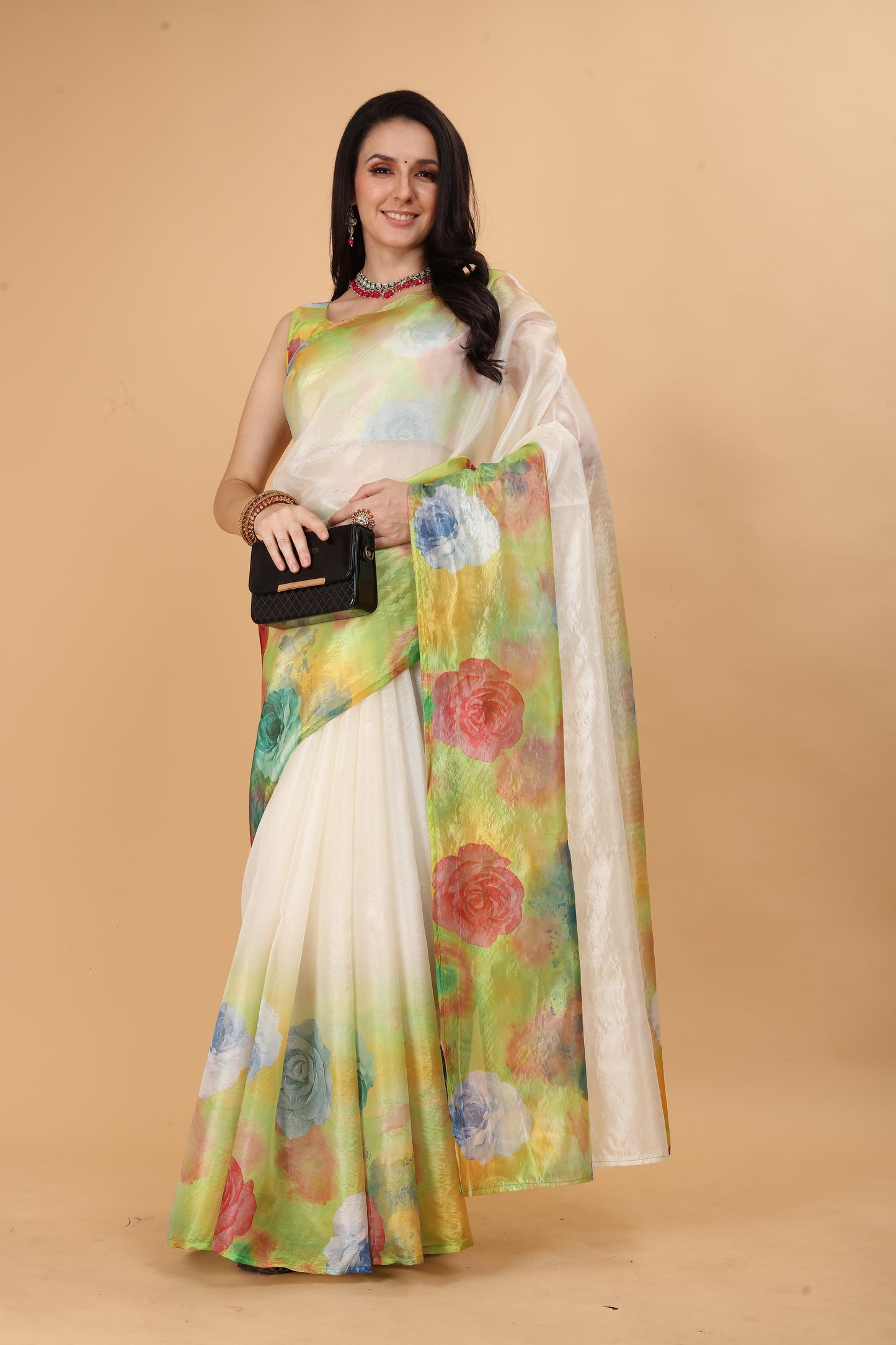 MK FASHION Women's Saree Soft Organza Silk Saree (5.5 m) With All Over Digital Print With Blouse Piece (85cm) For Partywear Pack Of 1.