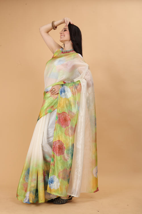 MK FASHION Women's Saree Soft Organza Silk Saree (5.5 m) With All Over Digital Print With Blouse Piece (85cm) For Partywear Pack Of 1.