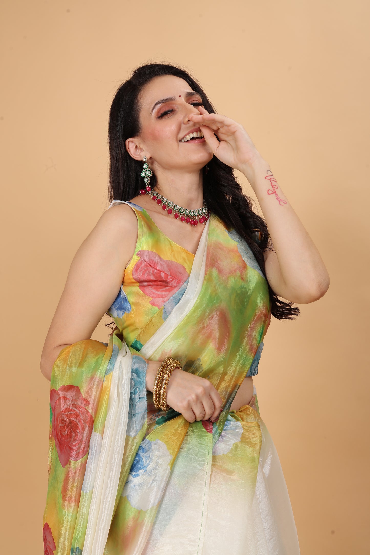 MK FASHION Women's Saree Soft Organza Silk Saree (5.5 m) With All Over Digital Print With Blouse Piece (85cm) For Partywear Pack Of 1.