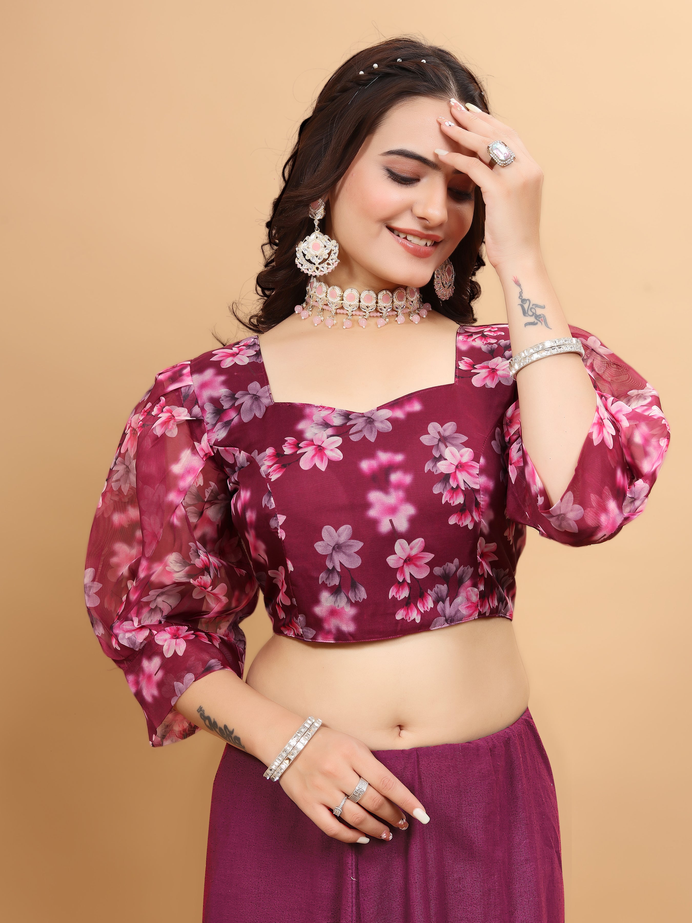 MK WOMEN'S Organza Stitched Regular Fit Bishop Sleeve (Net Sleeves) Blouse for Casual Party Festive Wedding for Womens & Ladies Pack of 1.