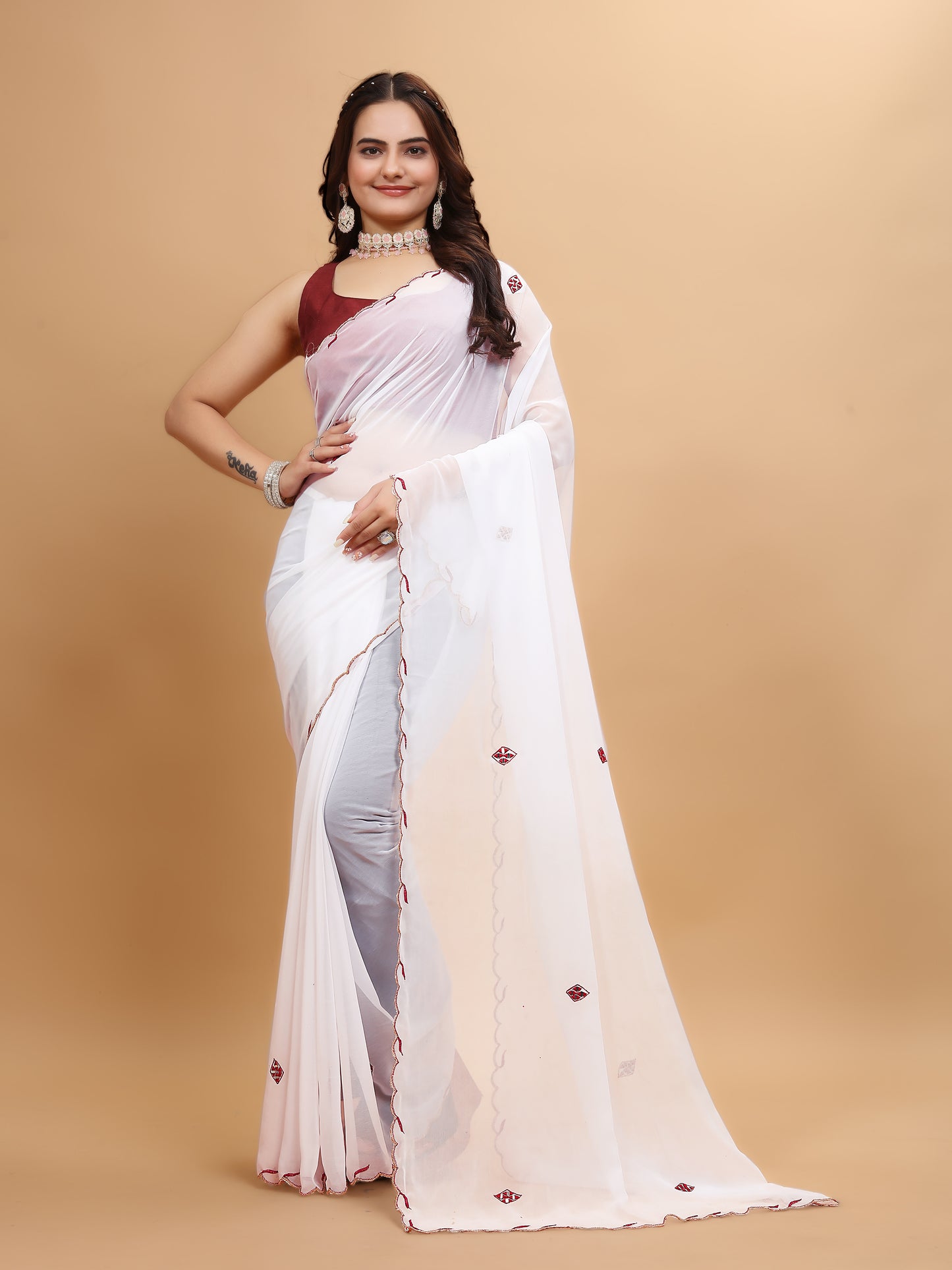 MK WOMEN'S Latest Ethnic Wear Georgette Saree Solid Pattern With Handwork Border Saree With Blouse Piece In Black Color Pack Of 1.