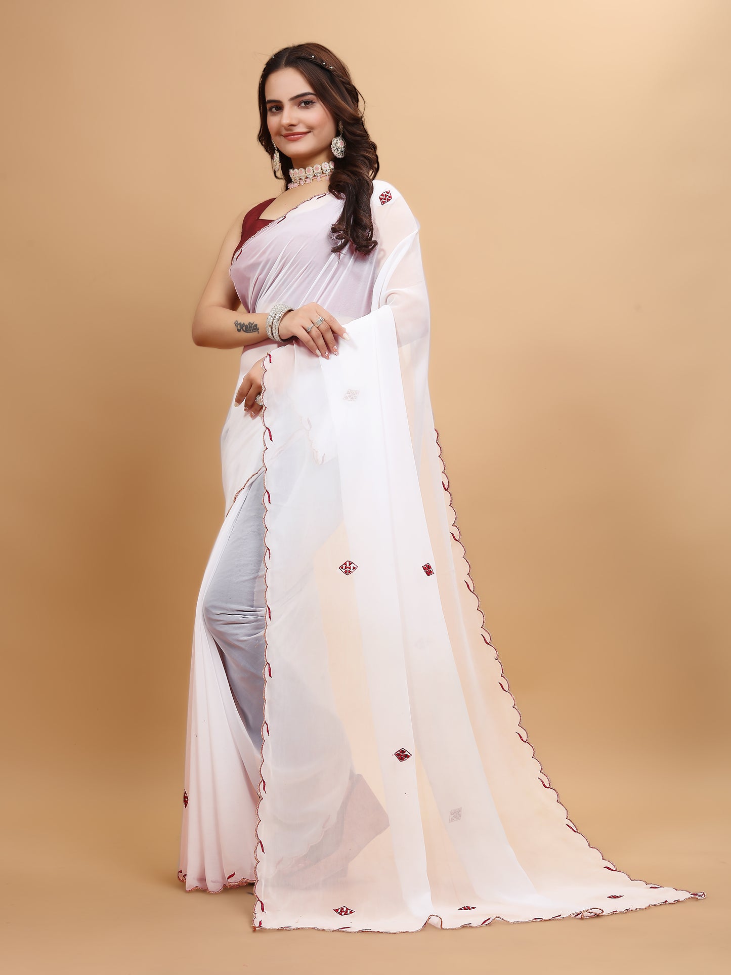 MK WOMEN'S Latest Ethnic Wear Georgette Saree Solid Pattern With Handwork Border Saree With Blouse Piece In Black Color Pack Of 1.