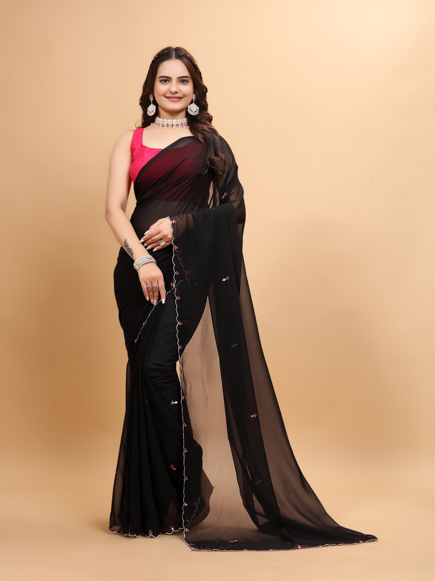 MK WOMEN'S Latest Ethnic Wear Georgette Saree Solid Pattern With Handwork Border Saree With Blouse Piece In Black Color Pack Of 1.