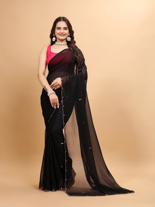 MK WOMEN'S Latest Ethnic Wear Georgette Saree Solid Pattern With Handwork Border Saree With Blouse Piece In Black Color Pack Of 1.