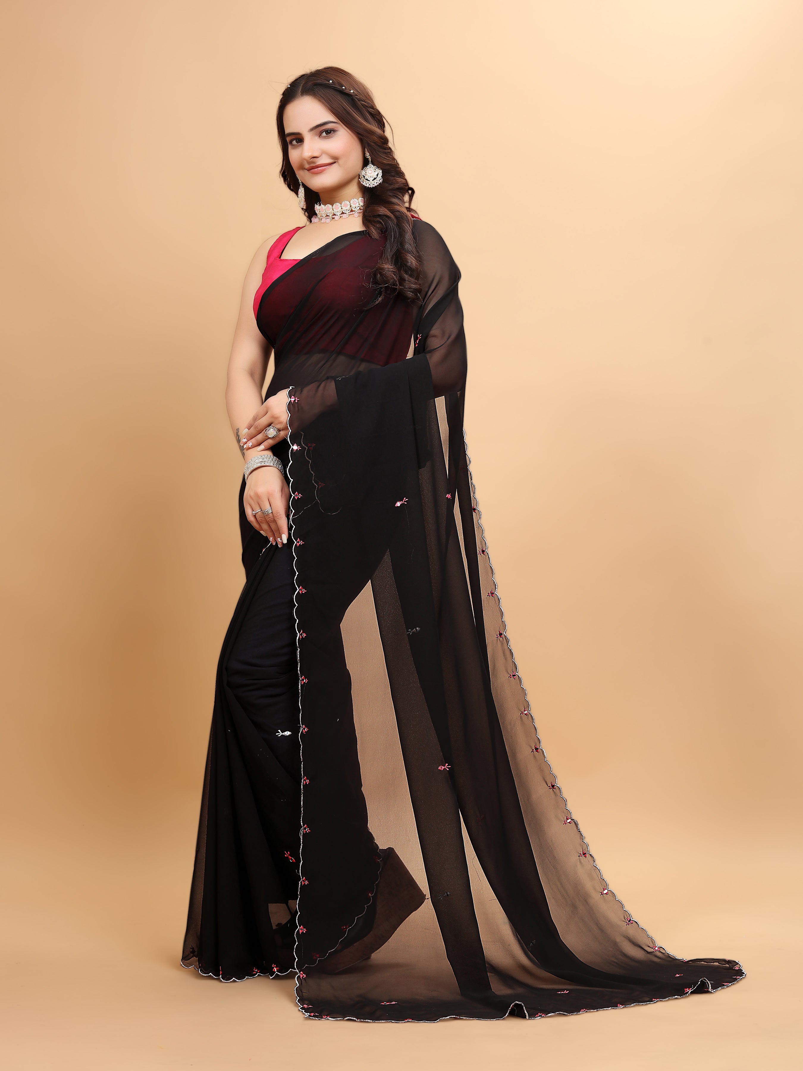 MK WOMEN'S Latest Ethnic Wear Georgette Saree Solid Pattern With Handwork Border Saree With Blouse Piece In Black Color Pack Of 1.
