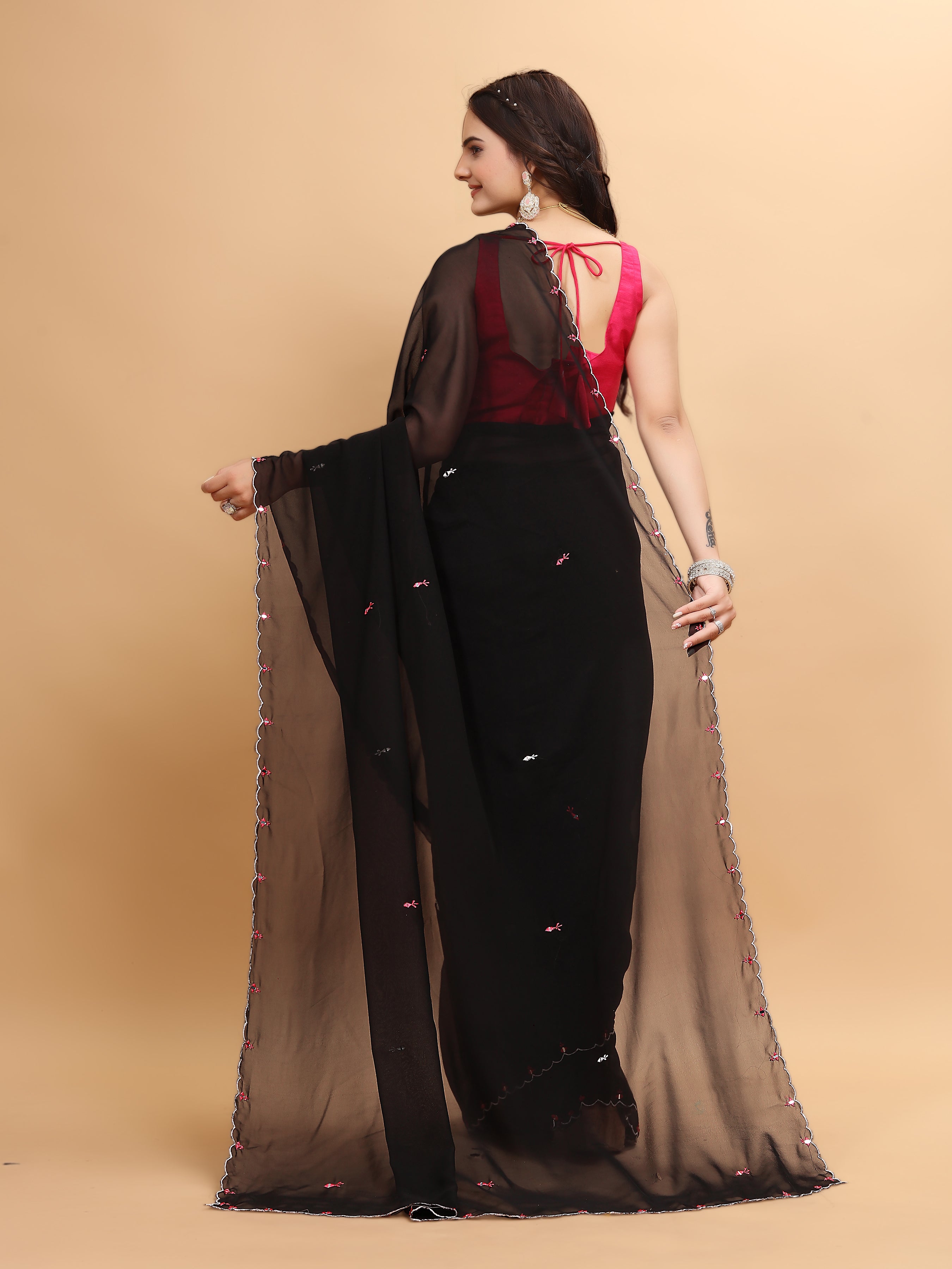 MK WOMEN'S Latest Ethnic Wear Georgette Saree Solid Pattern With Handwork Border Saree With Blouse Piece In Black Color Pack Of 1.