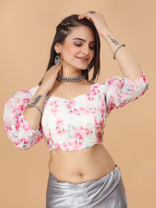 MK WOMEN'S Organza Stitched Regular Fit Bishop Sleeve (Net Sleeves) Blouse for Casual Party Festive Wedding for Womens & Ladies Pack of 1.