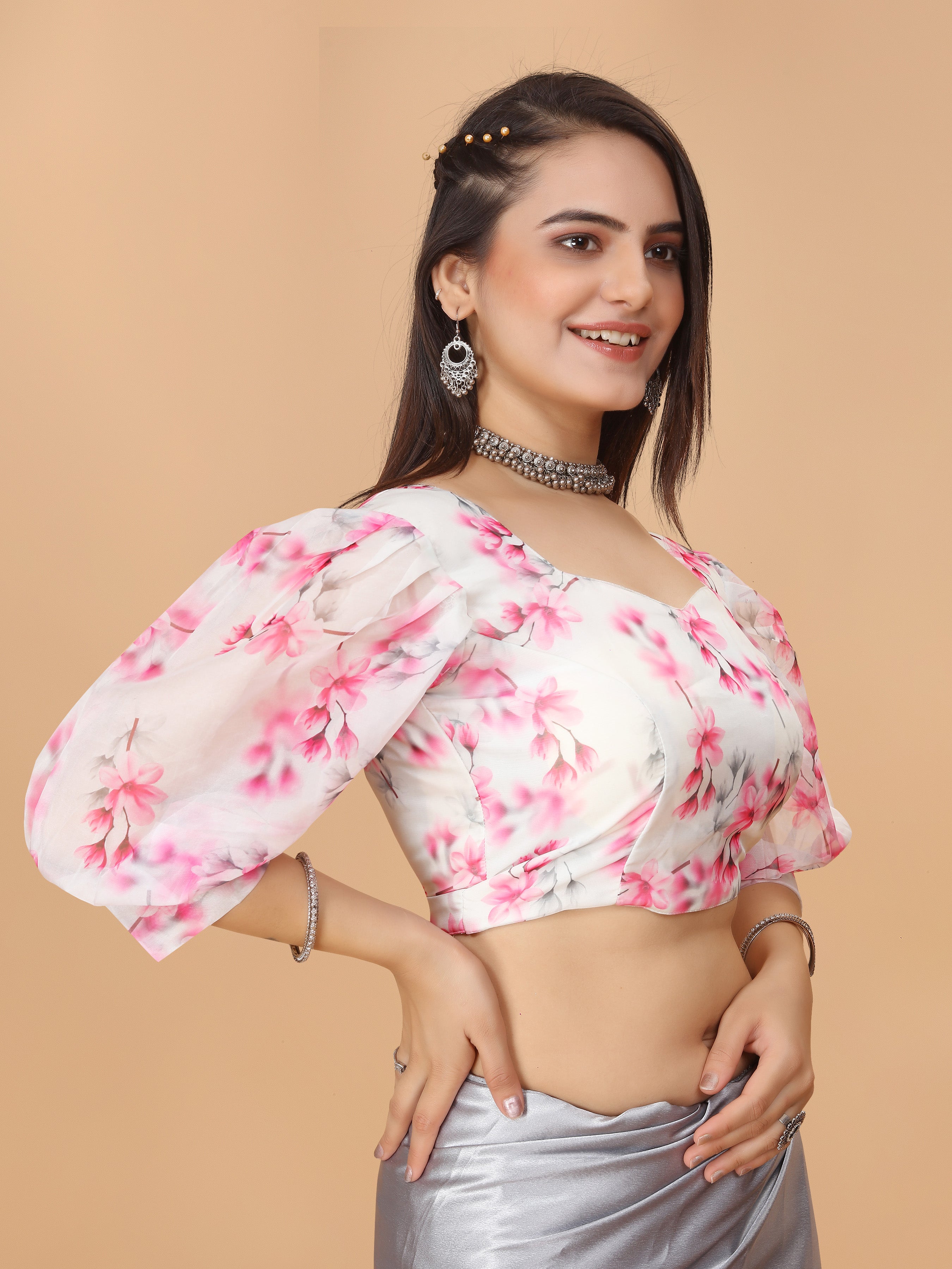 MK WOMEN'S Organza Stitched Regular Fit Bishop Sleeve (Net Sleeves) Blouse for Casual Party Festive Wedding for Womens & Ladies Pack of 1.