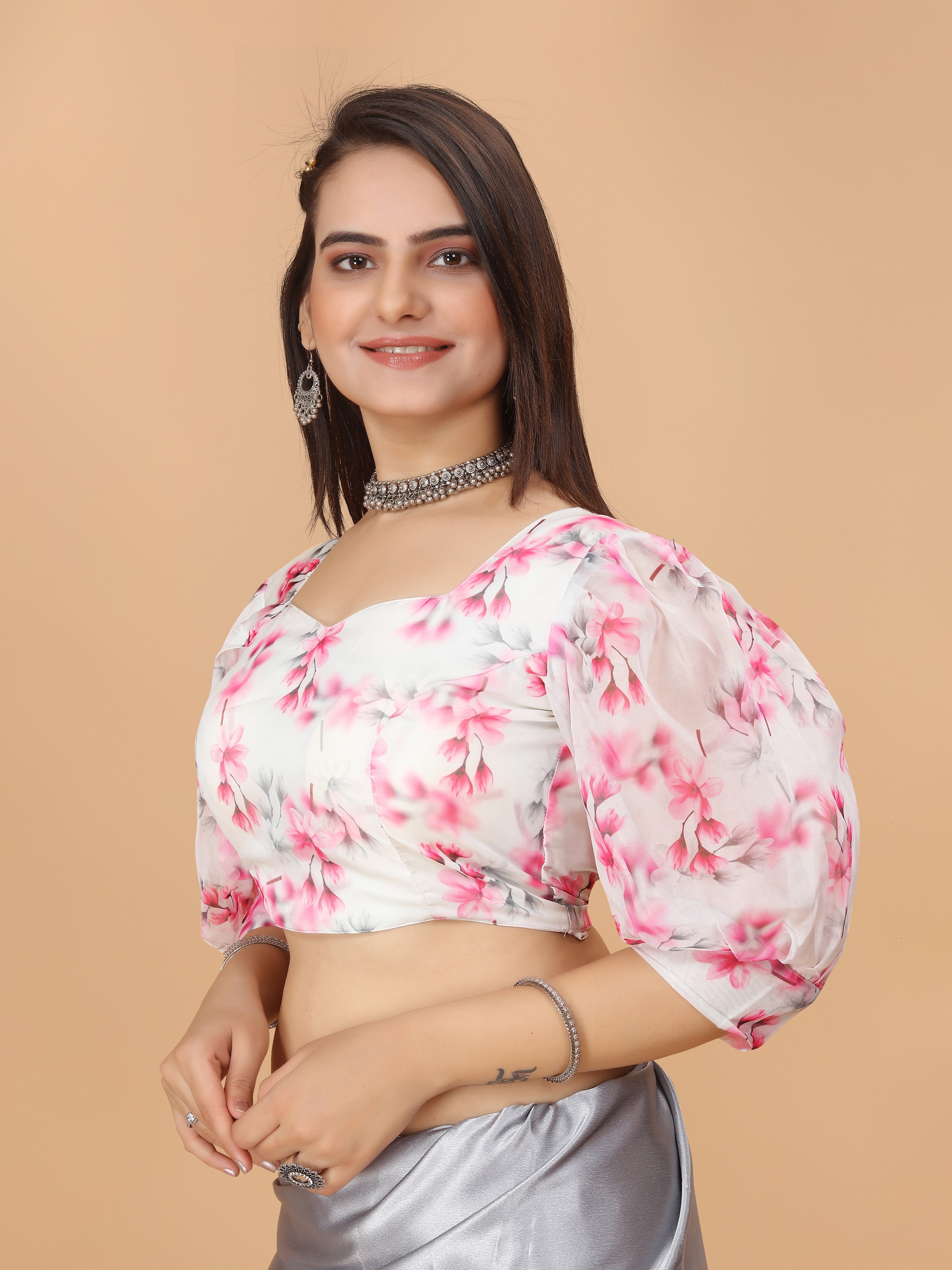 MK WOMEN'S Organza Stitched Regular Fit Bishop Sleeve (Net Sleeves) Blouse for Casual Party Festive Wedding for Womens & Ladies Pack of 1.