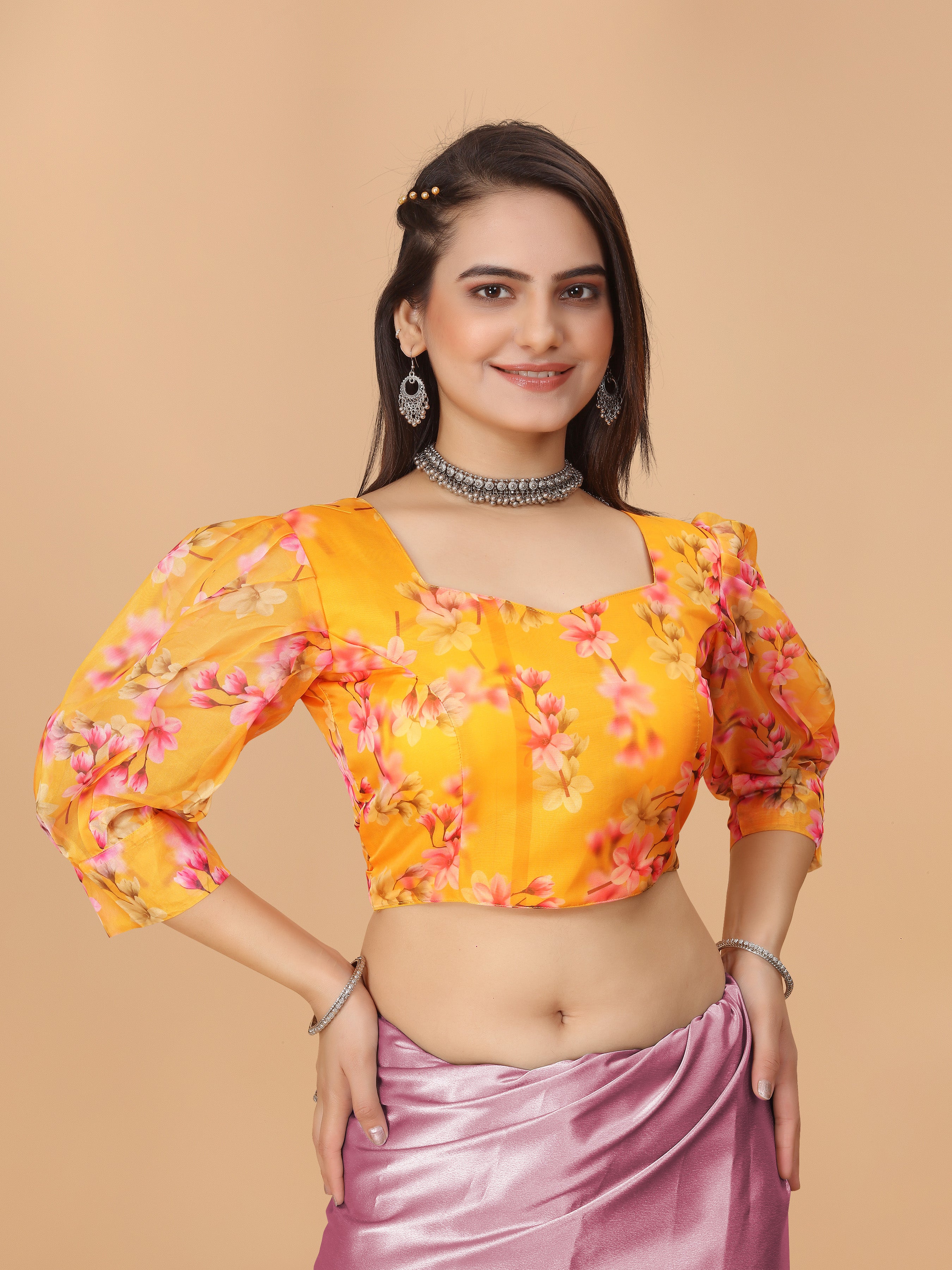 MK WOMEN'S Organza Stitched Regular Fit Bishop Sleeve (Net Sleeves) Blouse for Casual Party Festive Wedding for Womens & Ladies Pack of 1.