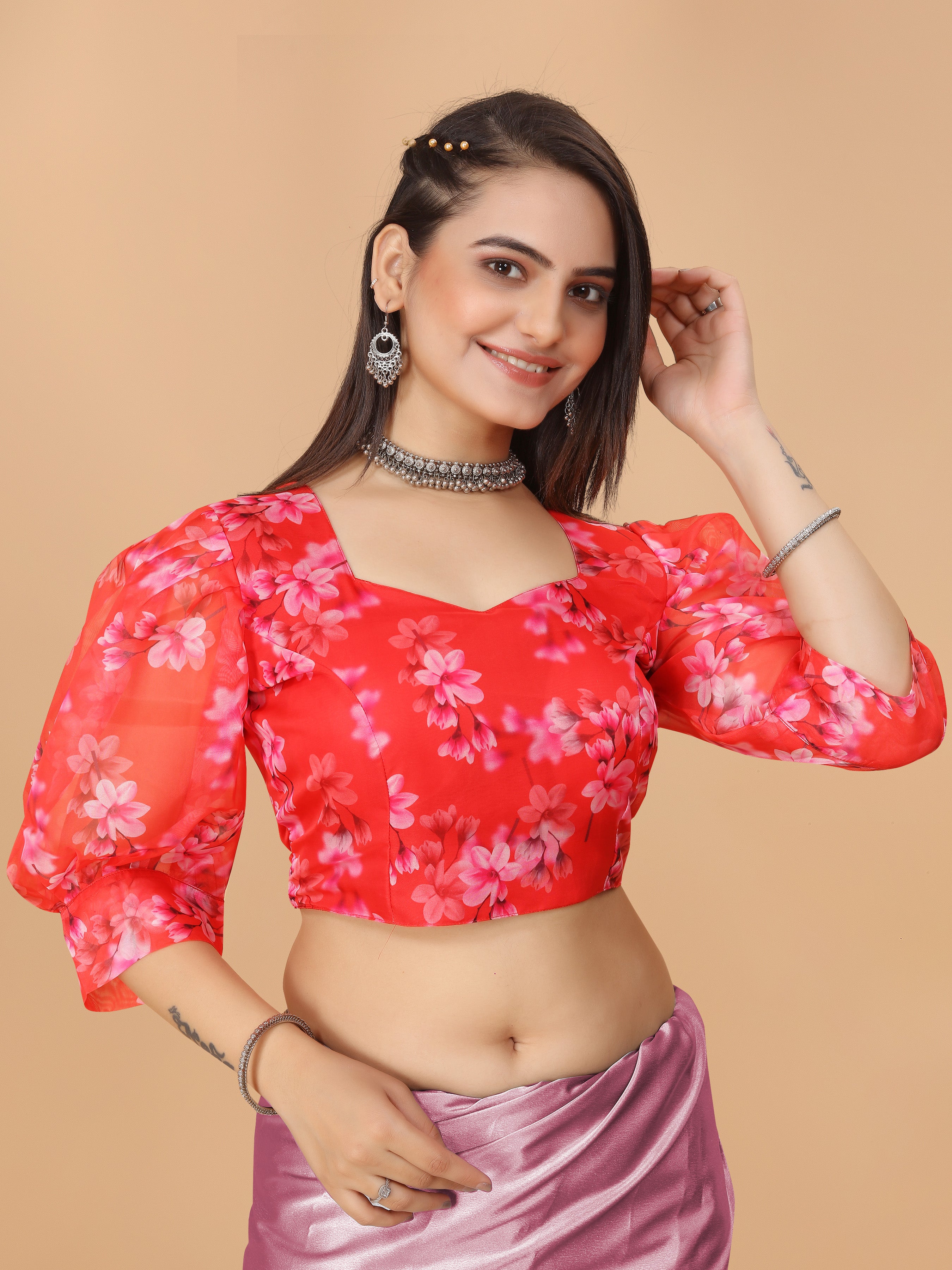 MK WOMEN'S Organza Stitched Regular Fit Bishop Sleeve (Net Sleeves) Blouse for Casual Party Festive Wedding for Womens & Ladies Pack of 1.