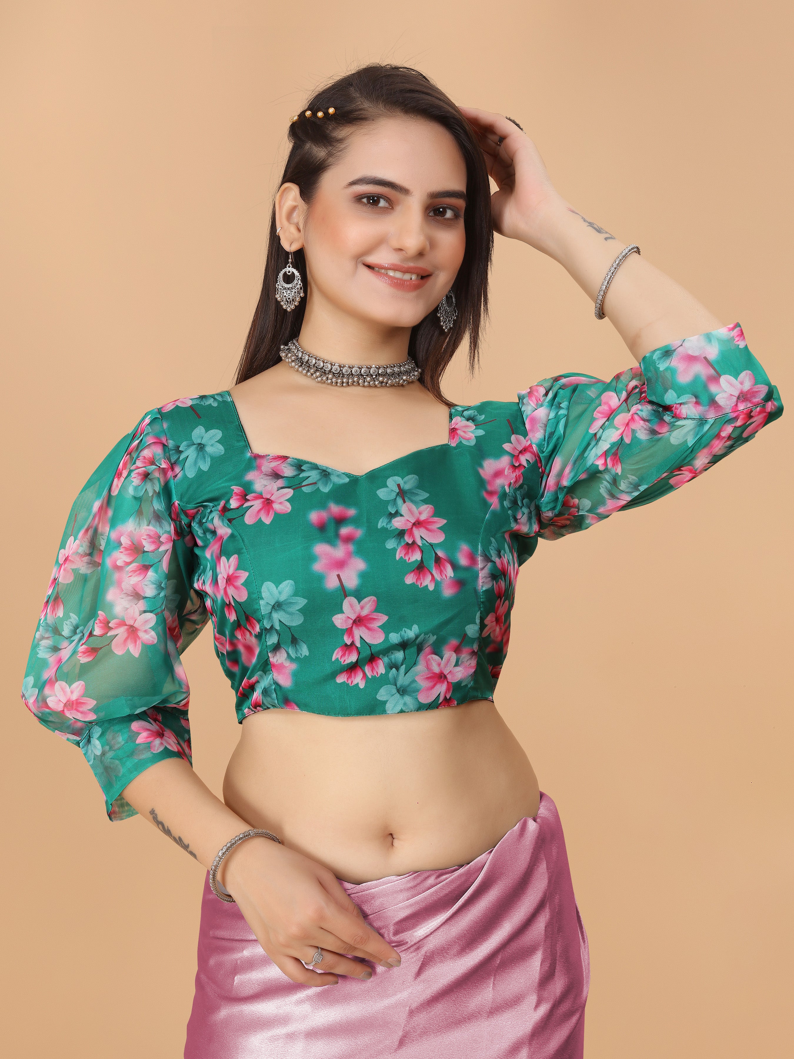 MK WOMEN'S Organza Stitched Regular Fit Bishop Sleeve (Net Sleeves) Blouse for Casual Party Festive Wedding for Womens & Ladies Pack of 1.