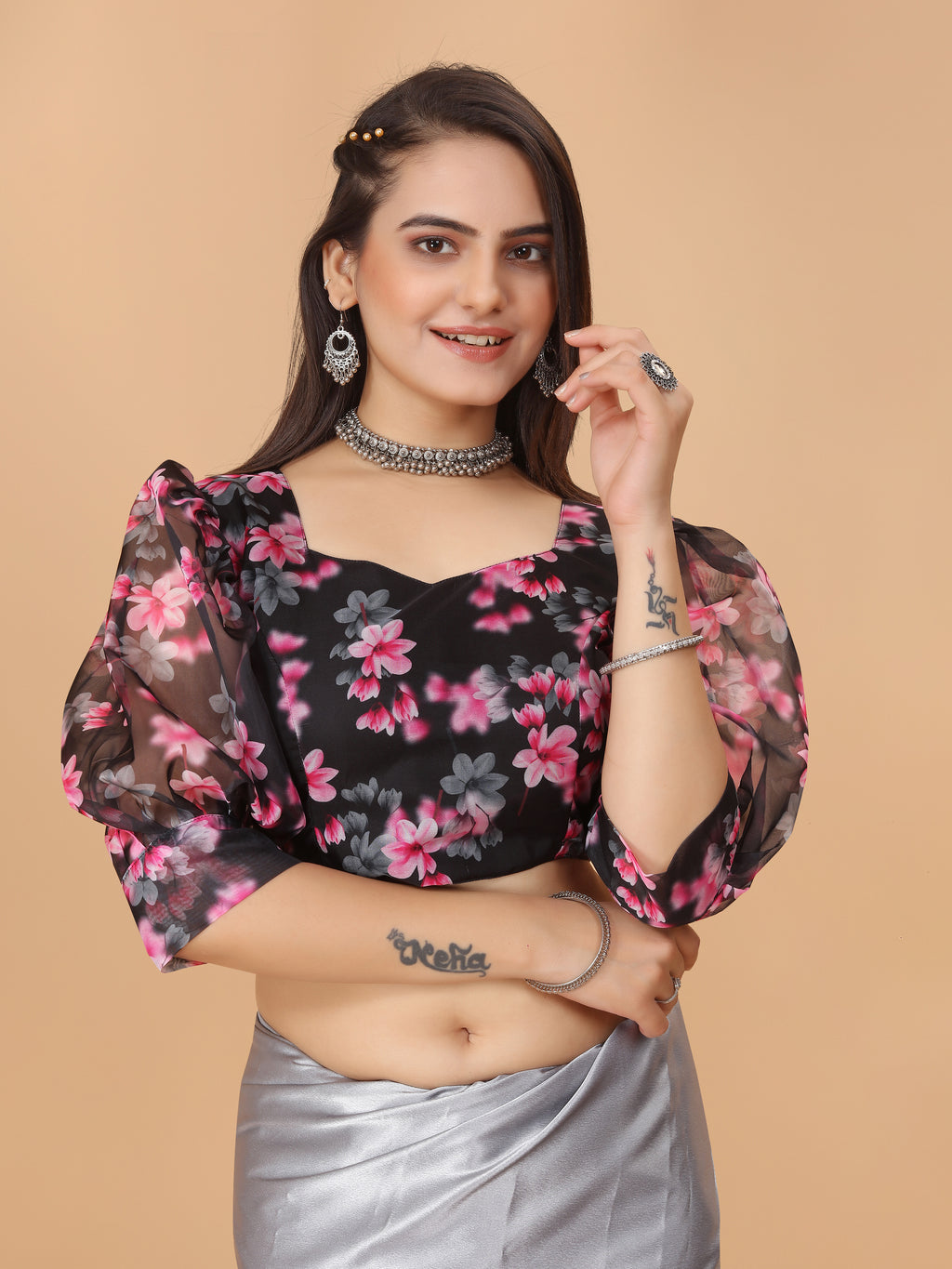 MK WOMEN'S Organza Stitched Regular Fit Bishop Sleeve (Net Sleeves) Blouse for Casual Party Festive Wedding for Womens & Ladies Pack of 1.