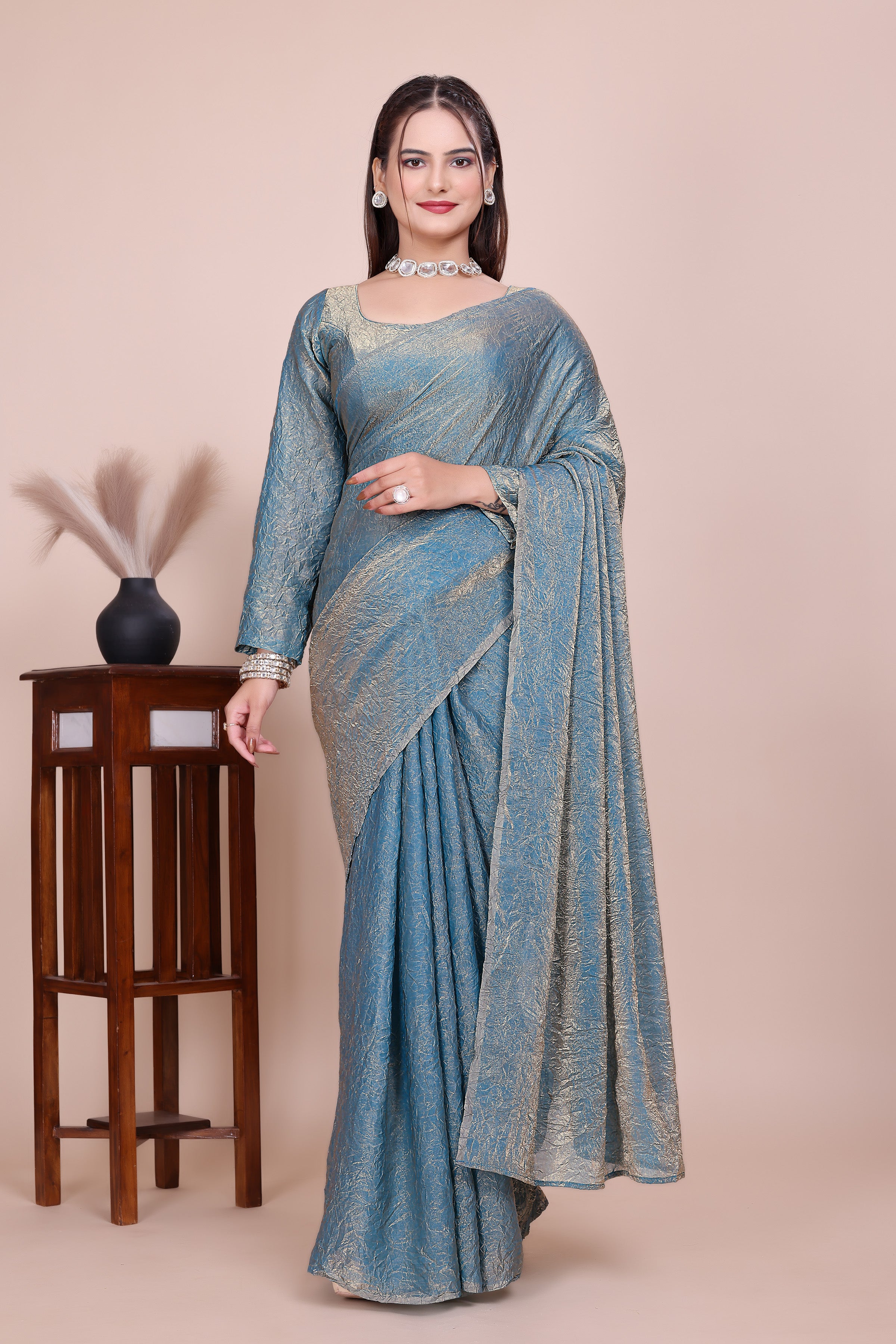 MK WOMEN'S Latest Ethnic Wear Chush fandy Saree With Stiched  Blouse Trendy colour Pack Of 1.