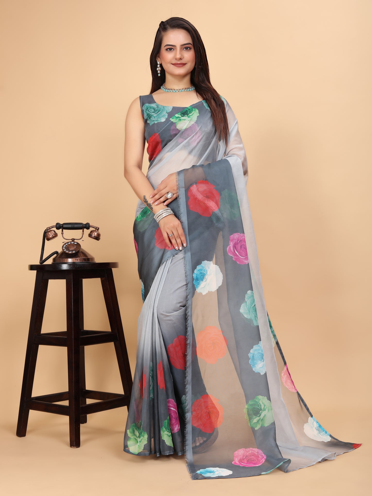 MK FASHION Women's Saree Soft Organza Silk Saree (5.5 m) With All Over Digital Print With Blouse Piece (85cm) For Partywear Pack Of 1.