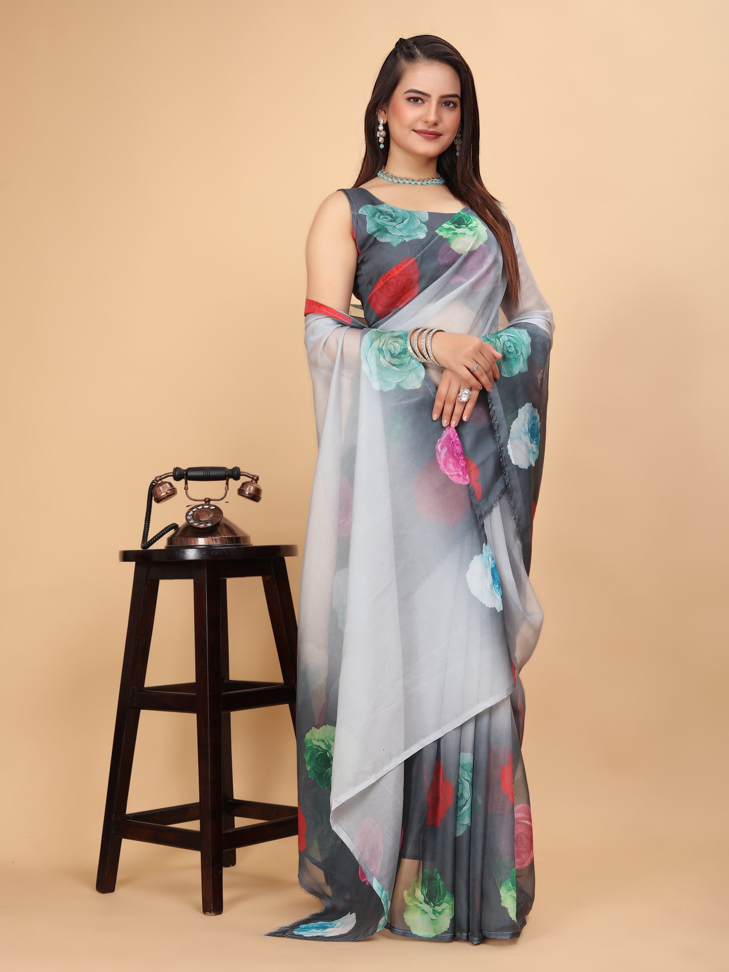 MK FASHION Women's Saree Soft Organza Silk Saree (5.5 m) With All Over Digital Print With Blouse Piece (85cm) For Partywear Pack Of 1.