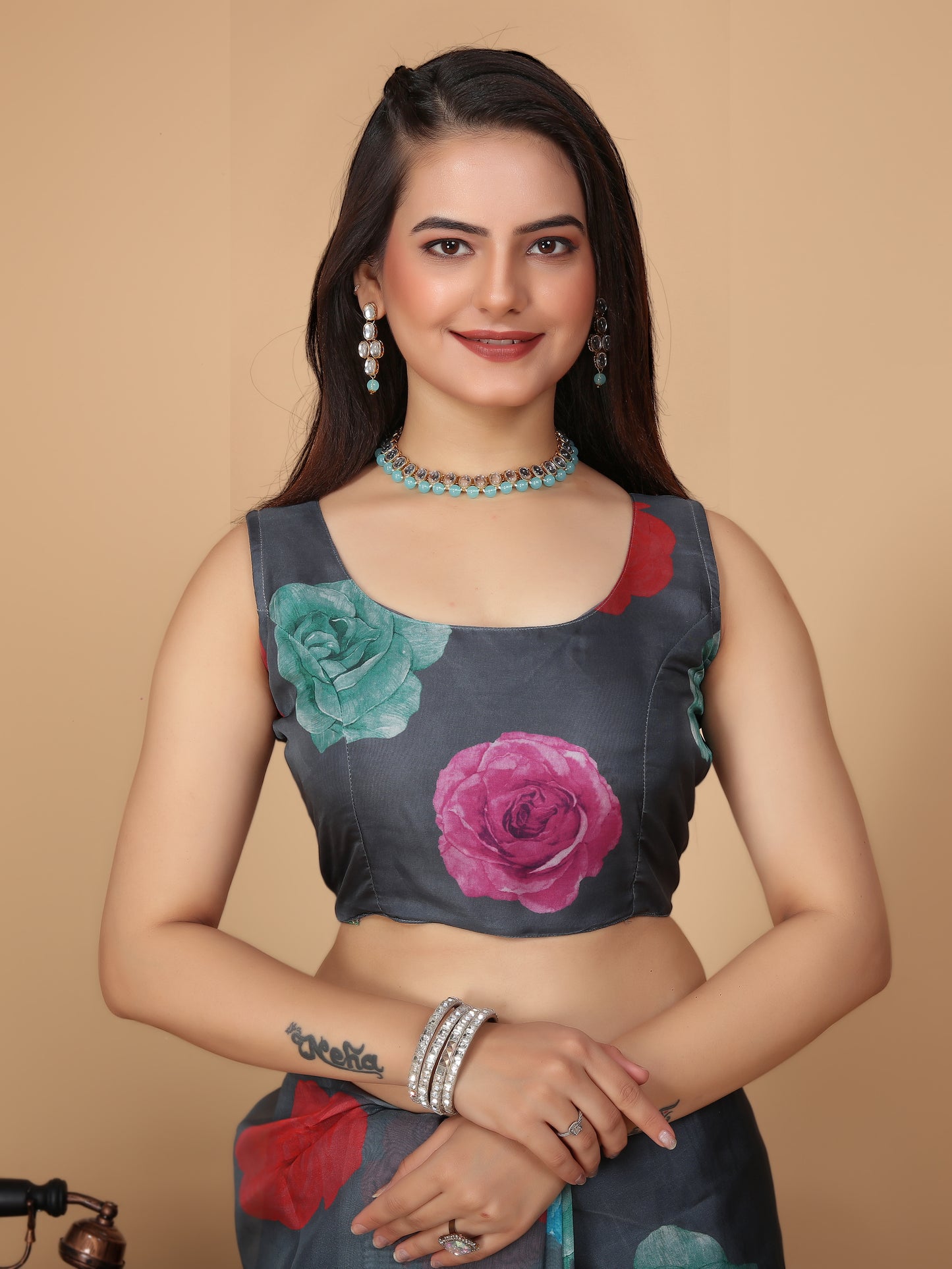 MK FASHION Women's Saree Soft Organza Silk Saree (5.5 m) With All Over Digital Print With Blouse Piece (85cm) For Partywear Pack Of 1.