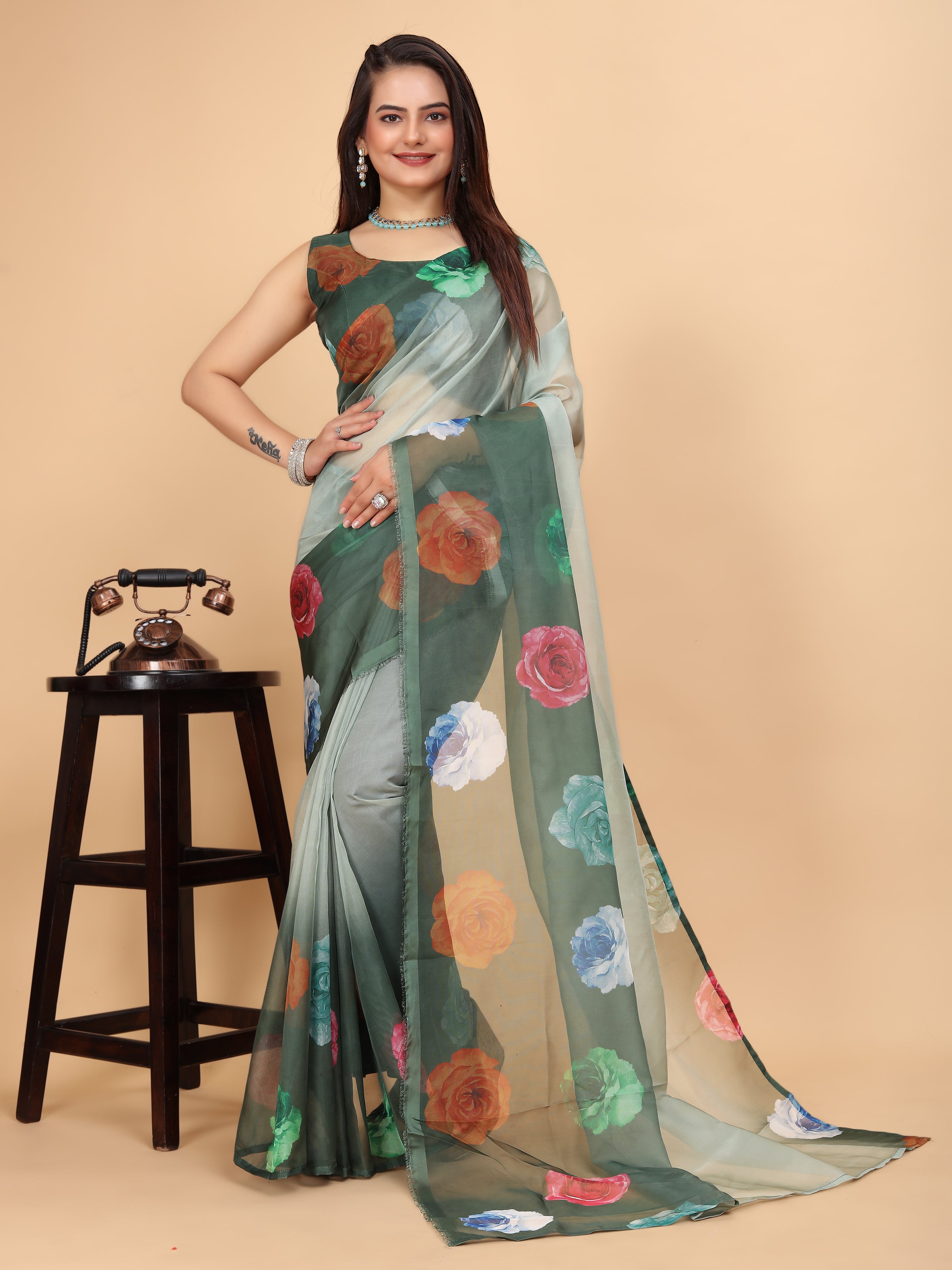 MK FASHION Women's Saree Soft Organza Silk Saree (5.5 m) With All Over Digital Print With Blouse Piece (85cm) For Partywear Pack Of 1.