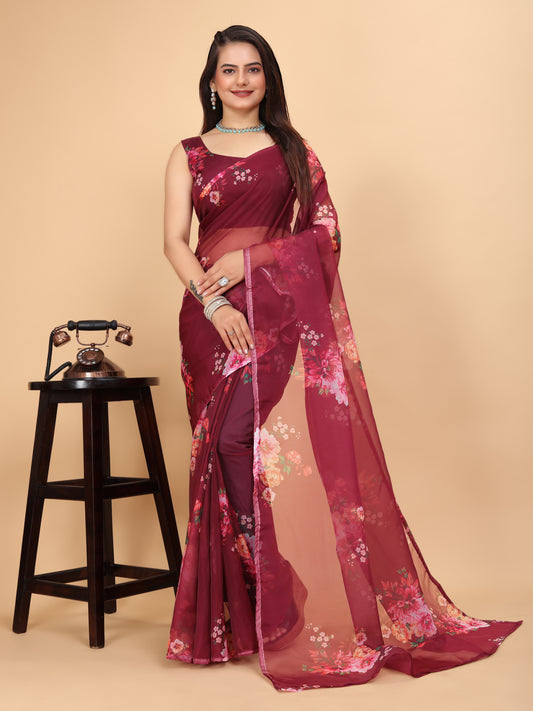 MK WOMEN'S Women's Latest Ethnic Wear Soft Organza Saree (5.5m) With All Over Digital Print With Blouse (85cm) Piece For Partywear Pack Of 1