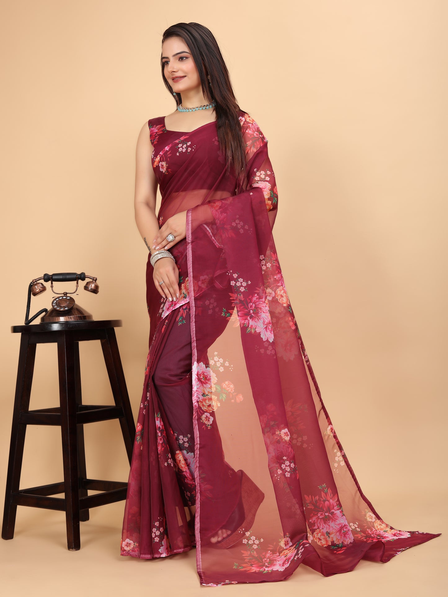 MK WOMEN'S Women's Latest Ethnic Wear Soft Organza Saree (5.5m) With All Over Digital Print With Blouse (85cm) Piece For Partywear Pack Of 1