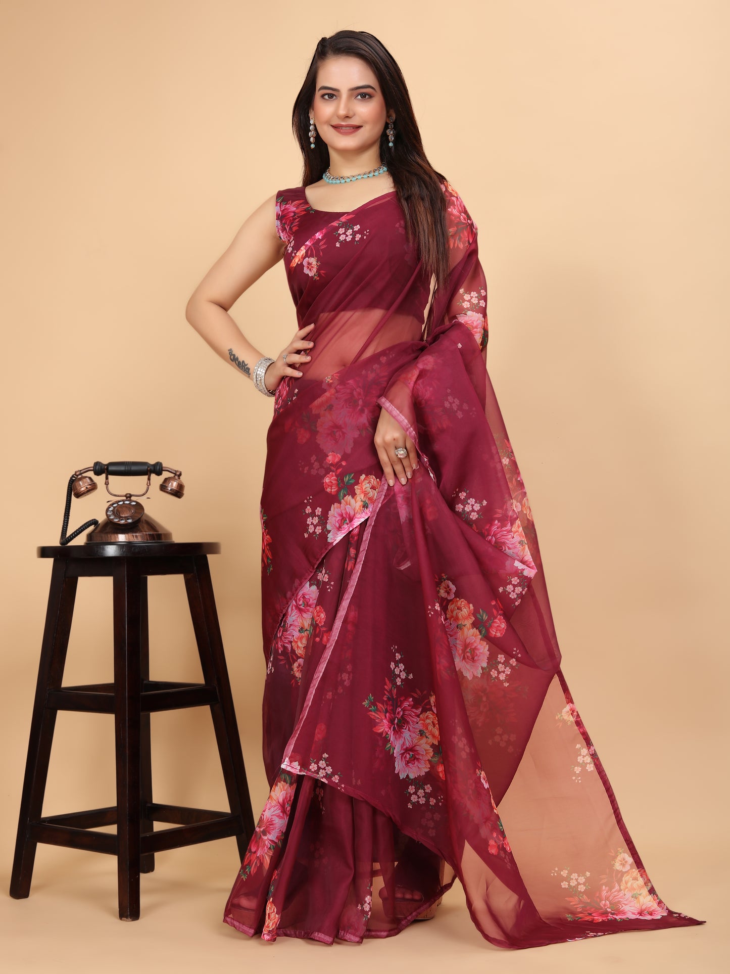 MK WOMEN'S Women's Latest Ethnic Wear Soft Organza Saree (5.5m) With All Over Digital Print With Blouse (85cm) Piece For Partywear Pack Of 1