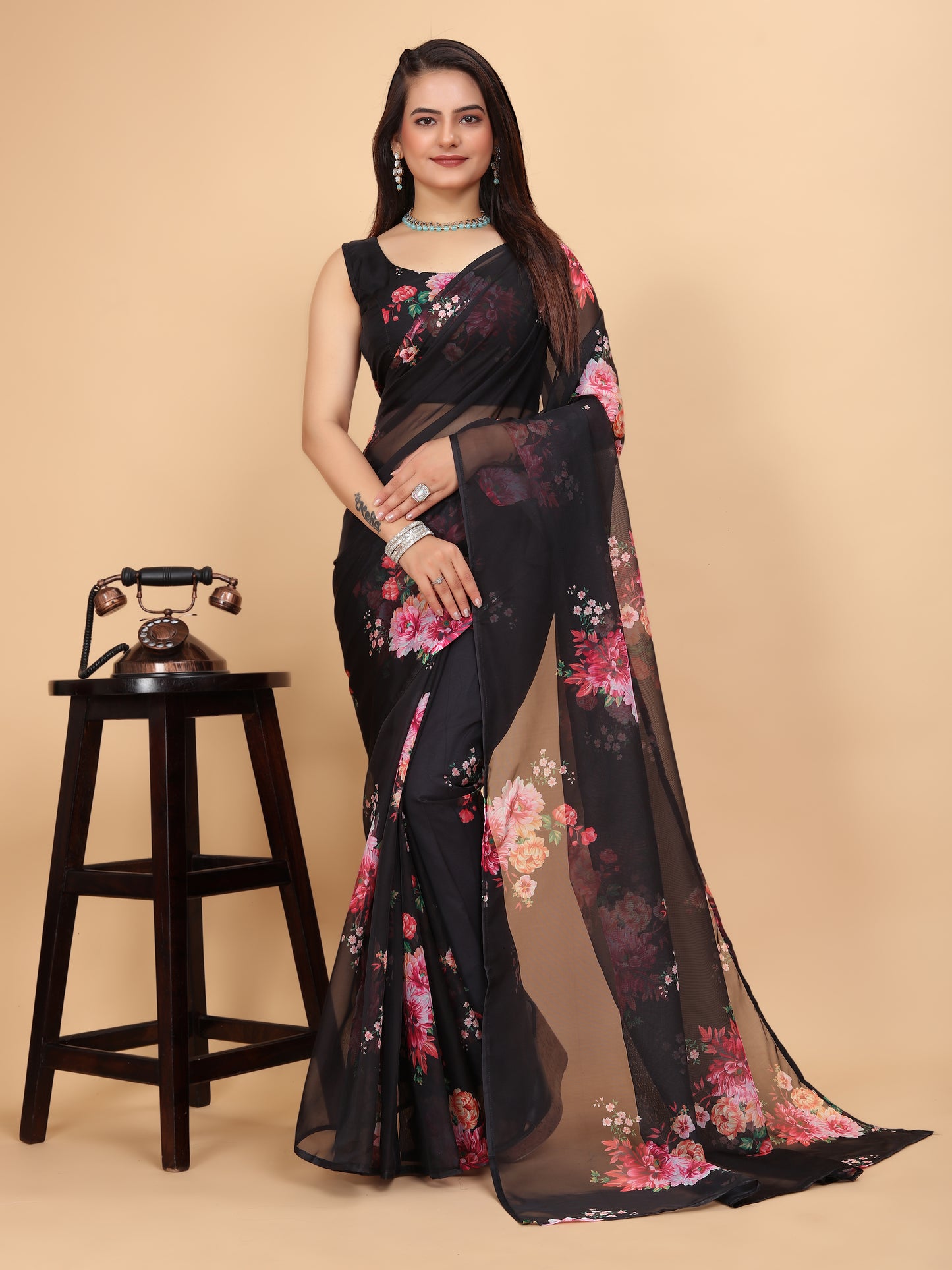 MK WOMEN'S Women's Latest Ethnic Wear Soft Organza Saree (5.5m) With All Over Digital Print With Blouse (85cm) Piece For Partywear Pack Of 1