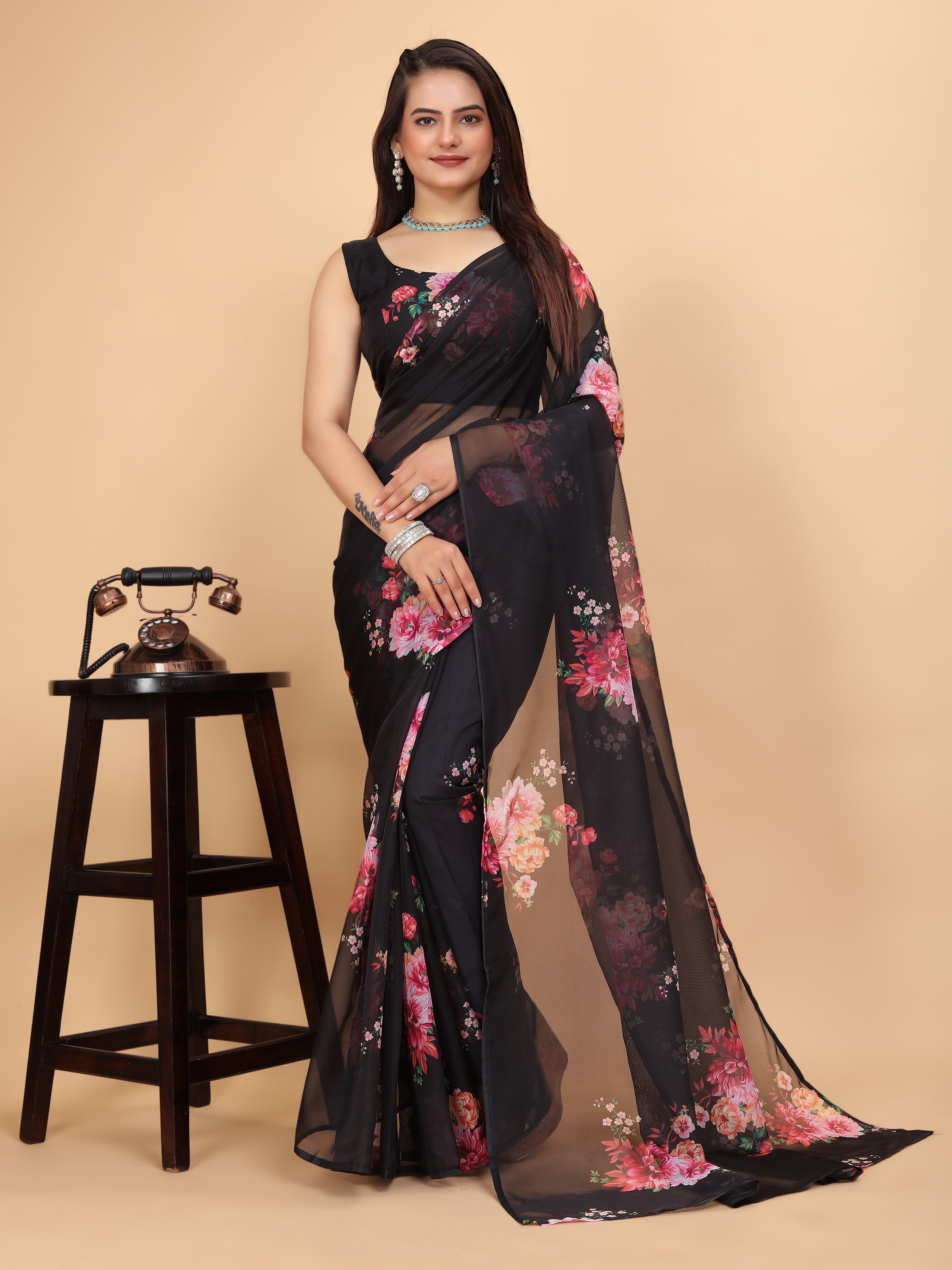 MK WOMEN'S Women's Latest Ethnic Wear Soft Organza Saree (5.5m) With All Over Digital Print With Blouse (85cm) Piece For Partywear Pack Of 1