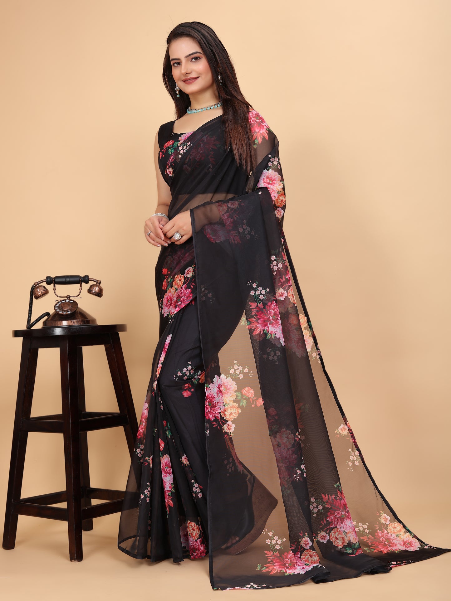 MK WOMEN'S Women's Latest Ethnic Wear Soft Organza Saree (5.5m) With All Over Digital Print With Blouse (85cm) Piece For Partywear Pack Of 1