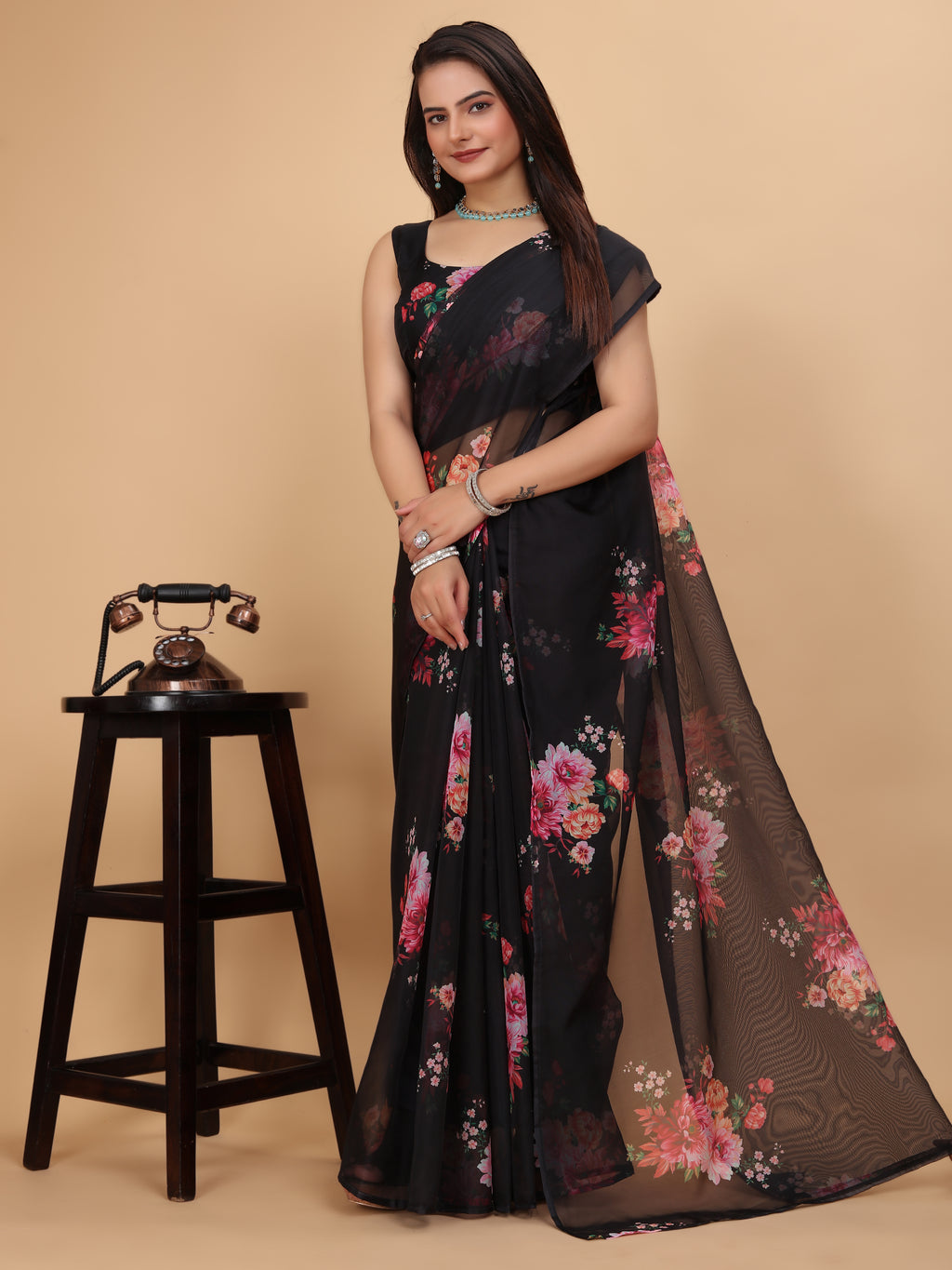 MK WOMEN'S Women's Latest Ethnic Wear Soft Organza Saree (5.5m) With All Over Digital Print With Blouse (85cm) Piece For Partywear Pack Of 1