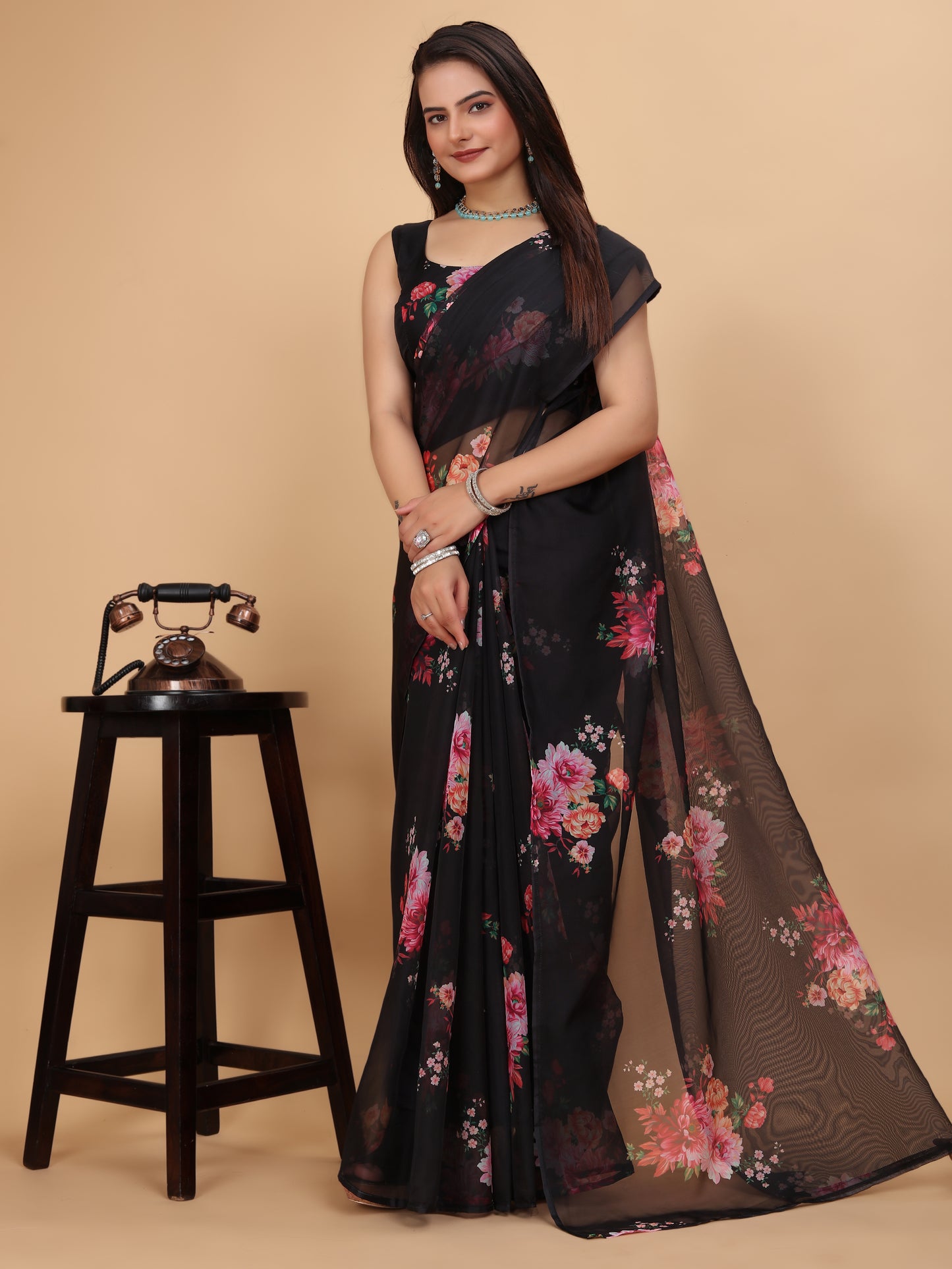 MK WOMEN'S Women's Latest Ethnic Wear Soft Organza Saree (5.5m) With All Over Digital Print With Blouse (85cm) Piece For Partywear Pack Of 1