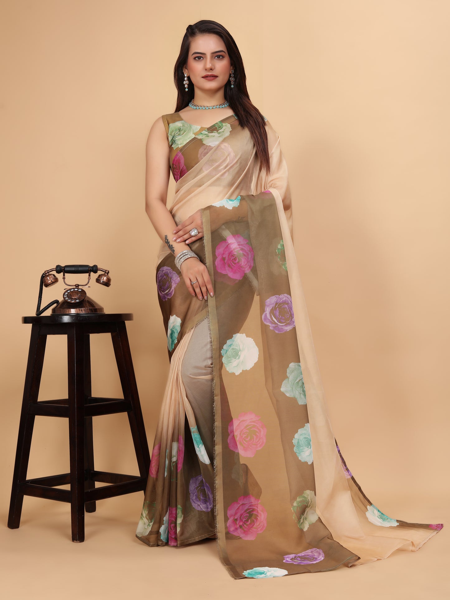 MK FASHION Women's Saree Soft Organza Silk Saree (5.5 m) With All Over Digital Print With Blouse Piece (85cm) For Partywear Pack Of 1.