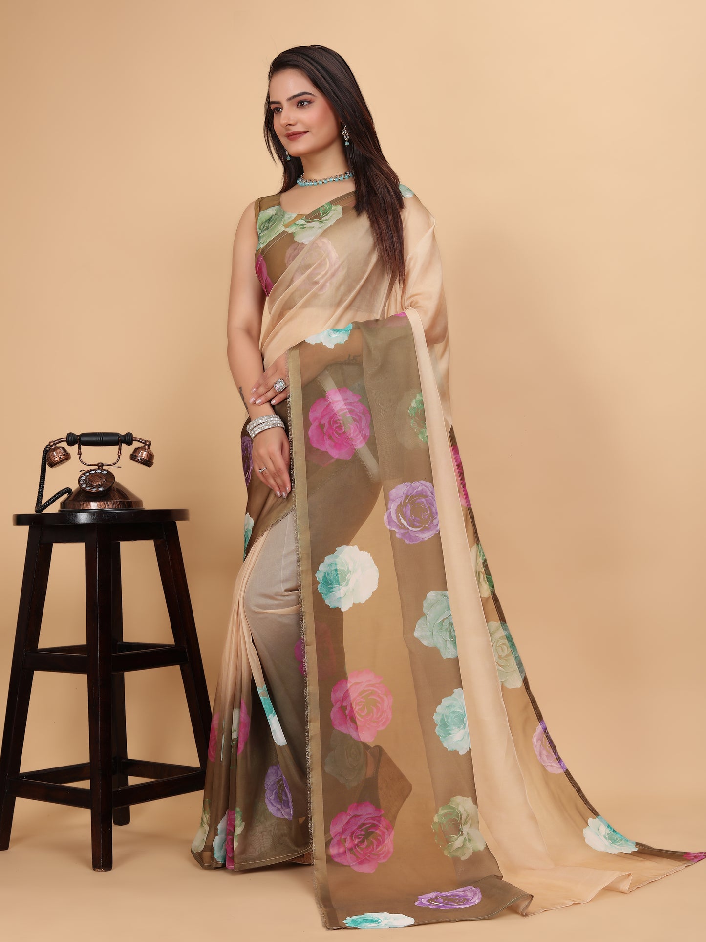 MK FASHION Women's Saree Soft Organza Silk Saree (5.5 m) With All Over Digital Print With Blouse Piece (85cm) For Partywear Pack Of 1.