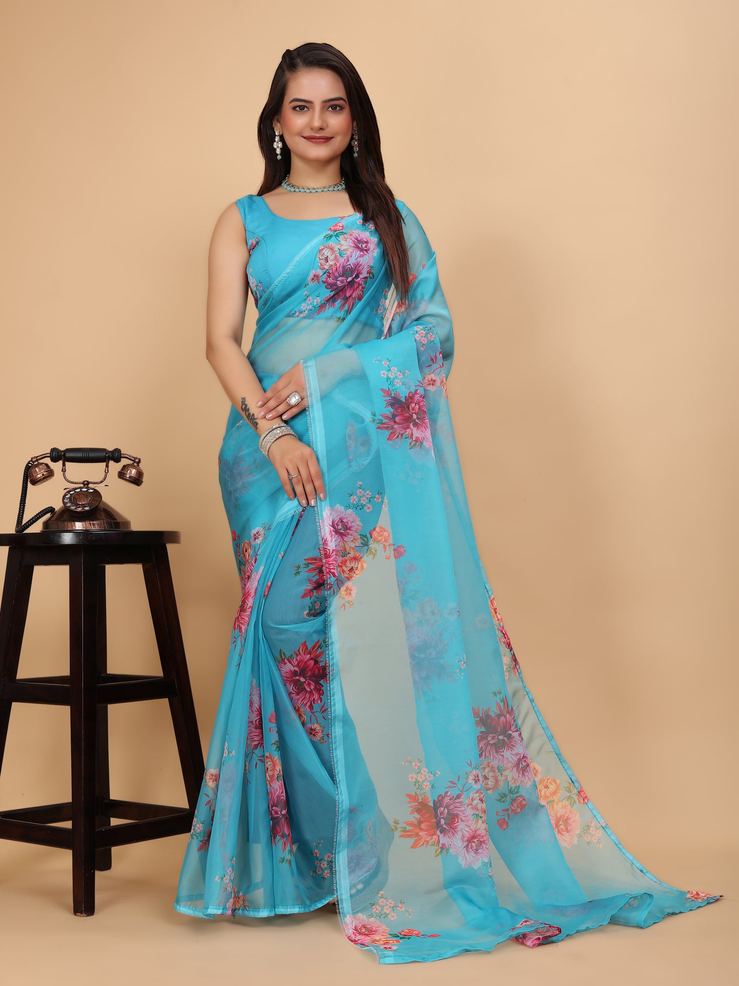 MK WOMEN'S Women's Latest Ethnic Wear Soft Organza Saree (5.5m) With All Over Digital Print With Blouse (85cm) Piece For Partywear Pack Of 1